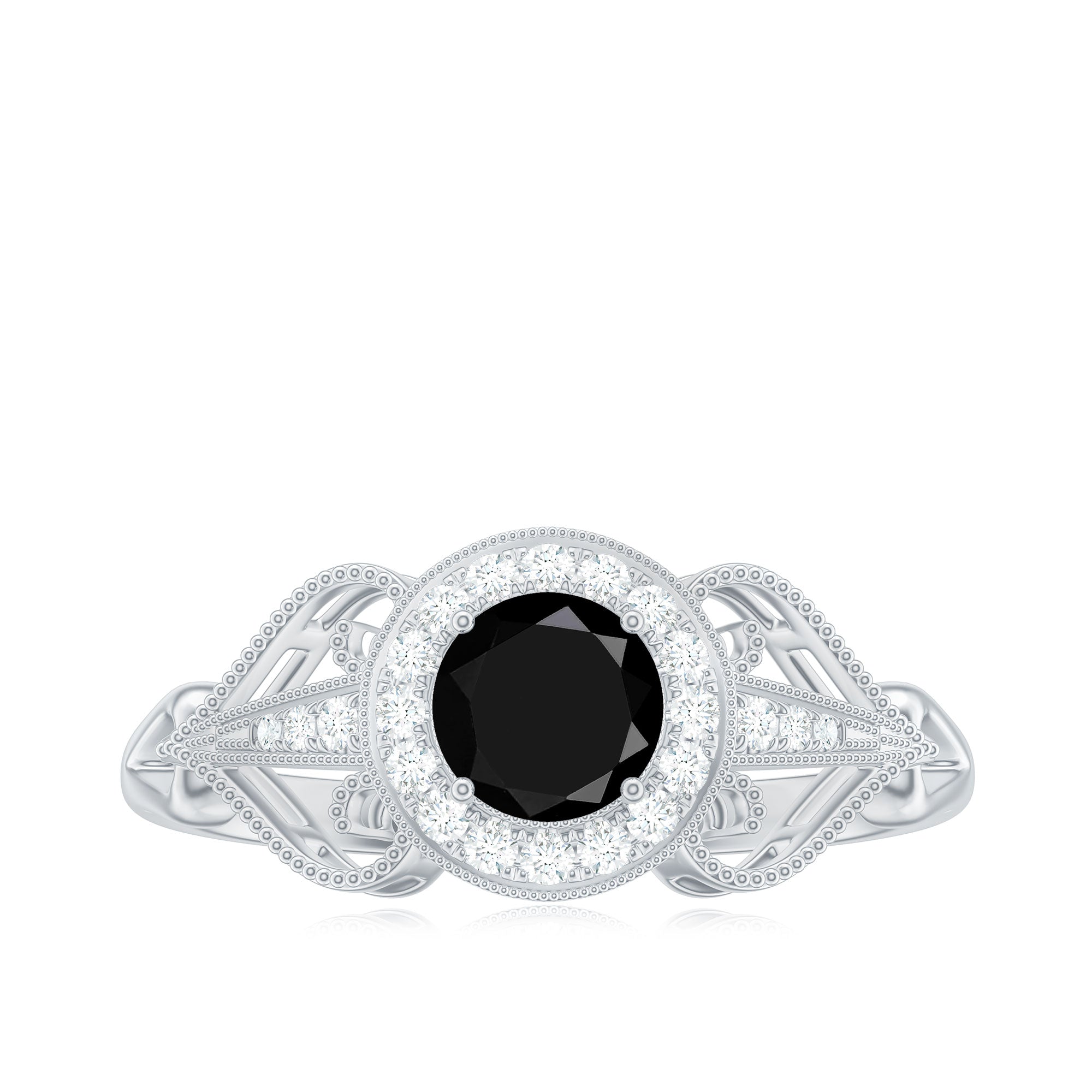 5mm Round Black Onyx Vintage Engagement Ring with Diamond Halo