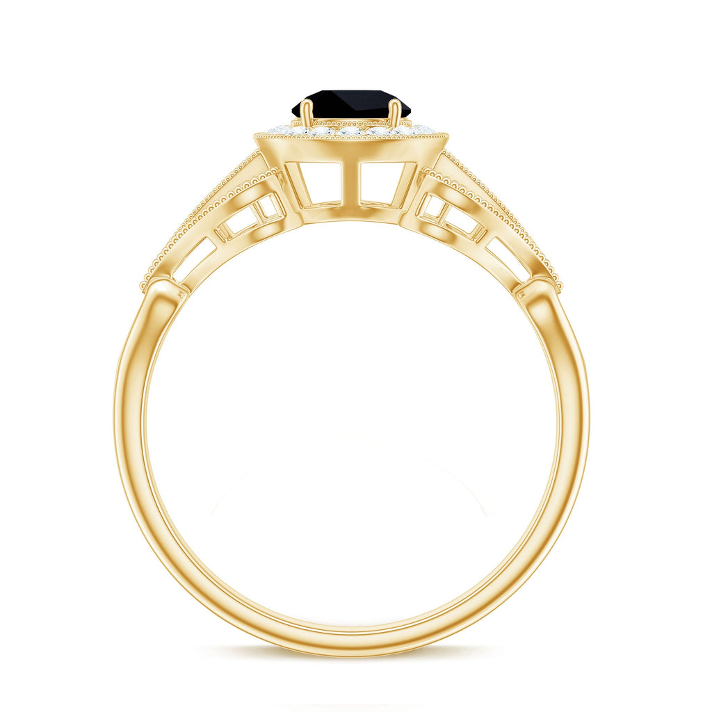 5mm Round Black Onyx Vintage Engagement Ring with Diamond Halo