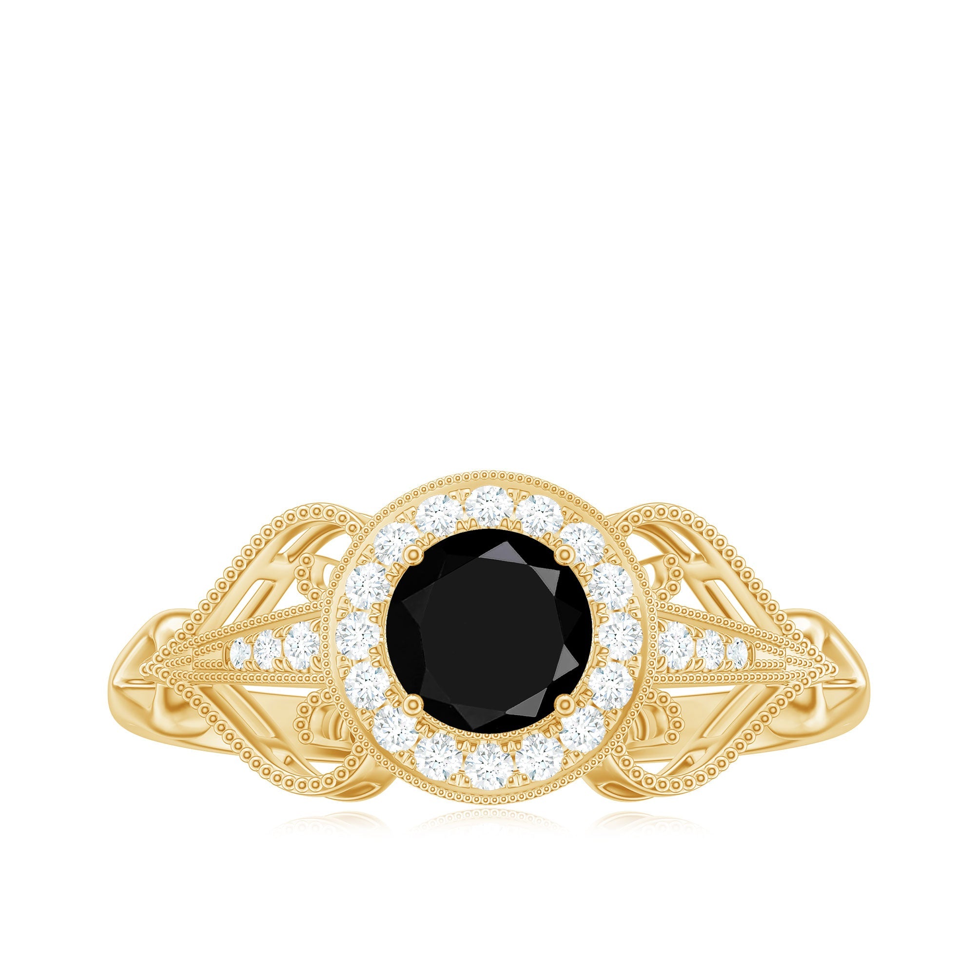 5mm Round Black Onyx Vintage Engagement Ring with Diamond Halo