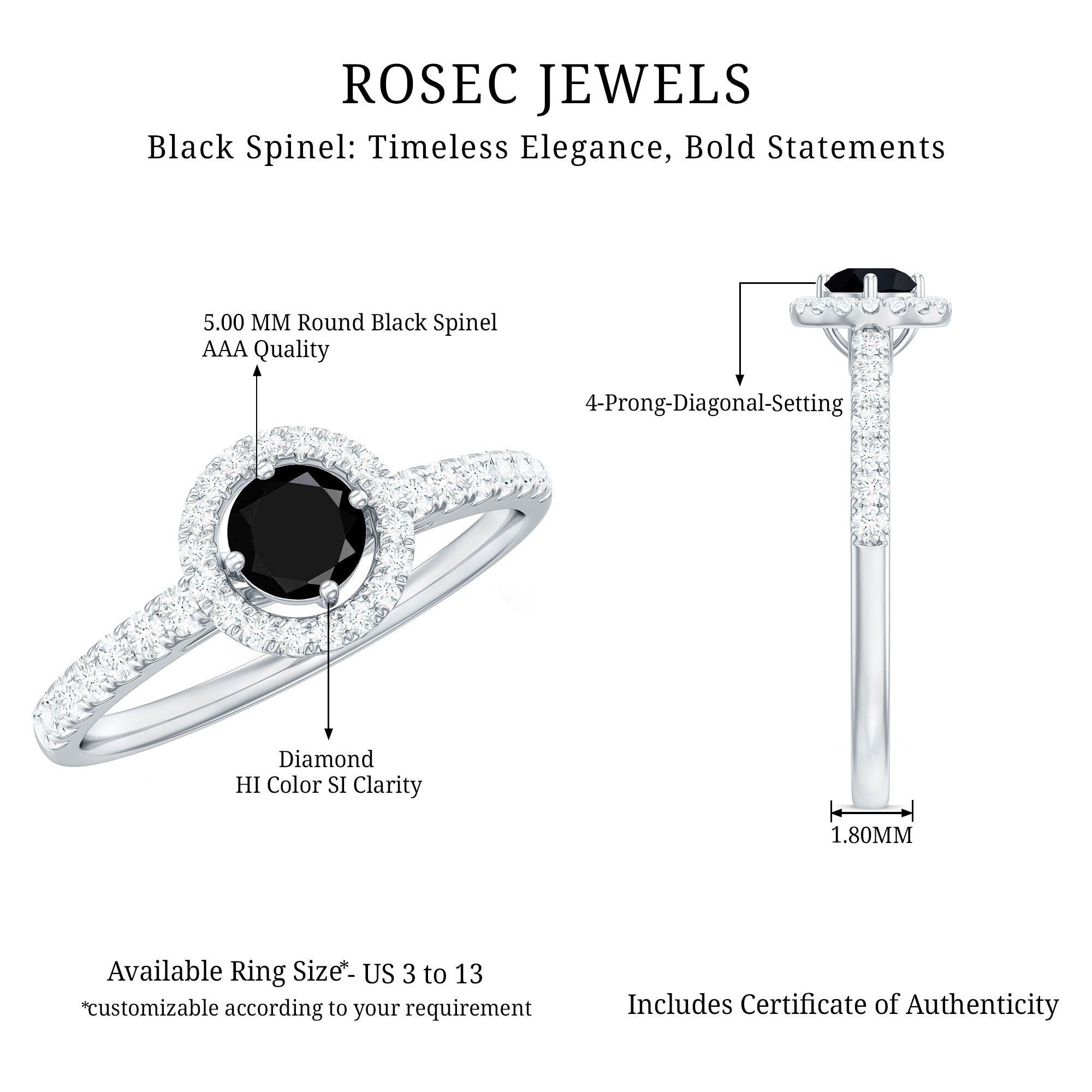 Minimal Black Spinel Minimal Engagement Ring with Diamond Halo