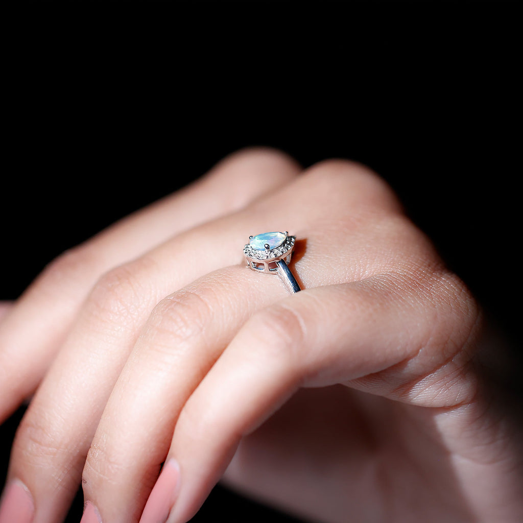 Certified Real 5X7 mm Ethiopian Opal Engagement Ring with Diamond Halo