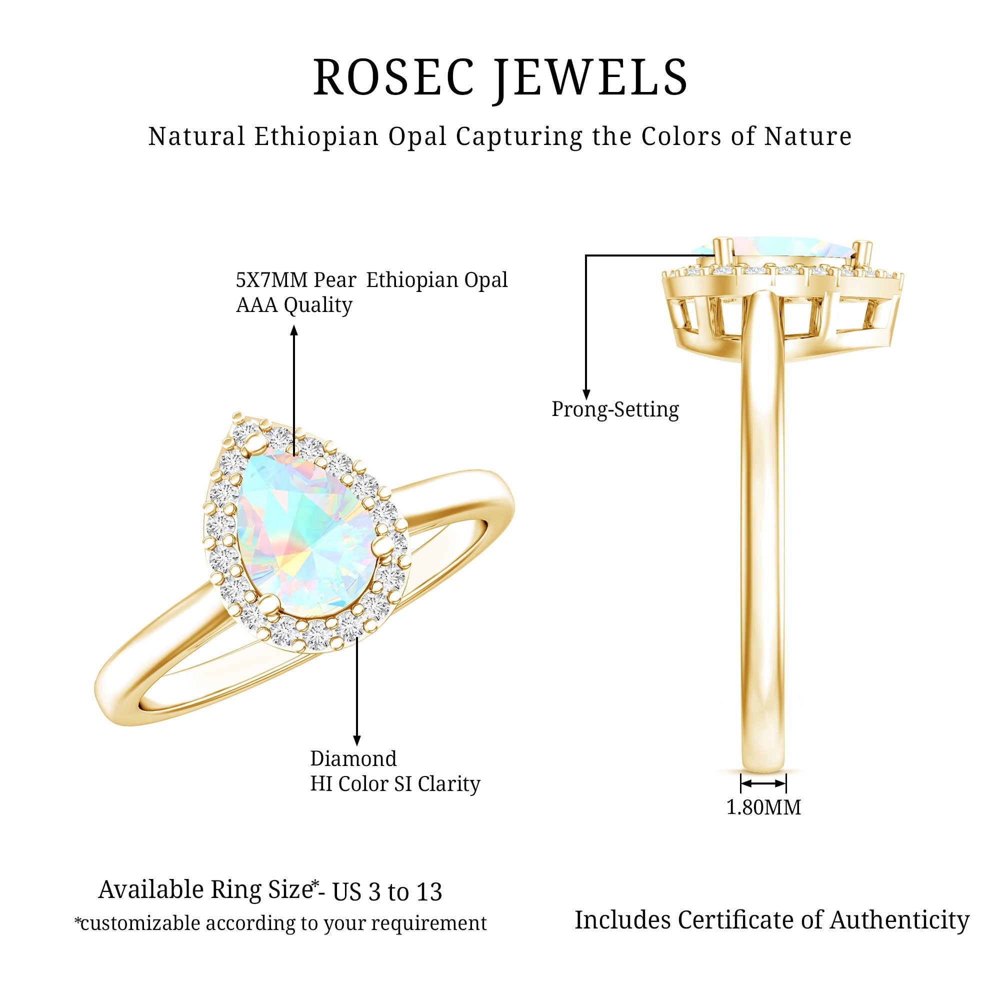 Certified Real 5X7 mm Ethiopian Opal Engagement Ring with Diamond Halo