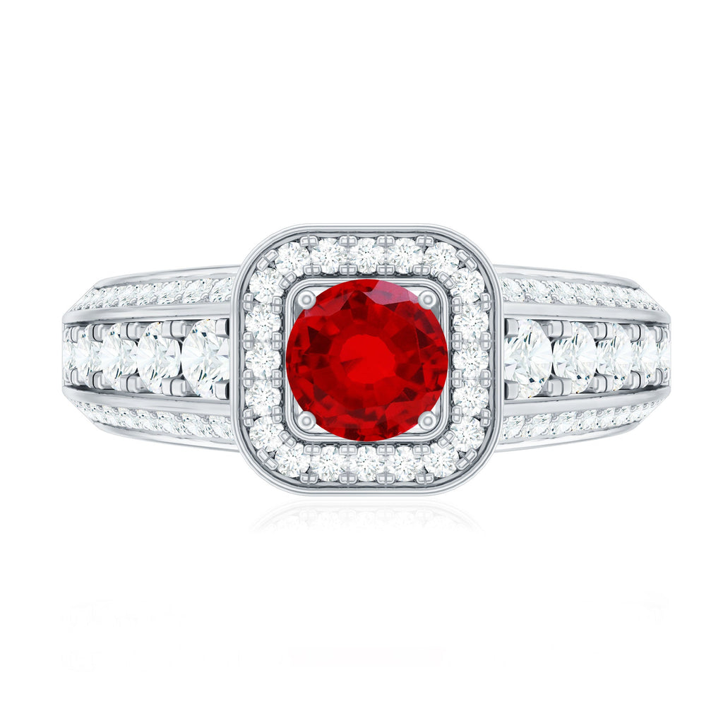 Lab Grown Ruby and Moissanite Halo Engagement Ring