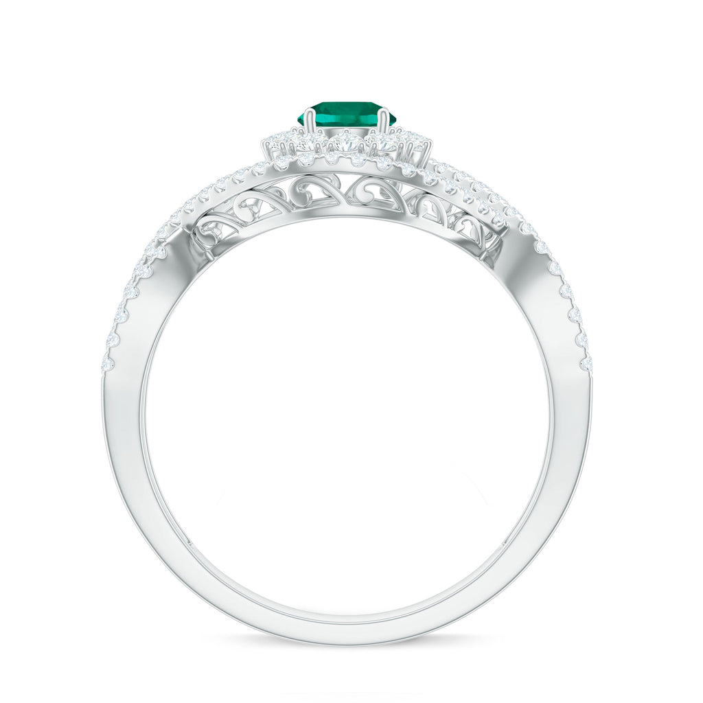 Certified Lab Grown Emerald Diamond Halo Engagement Ring with Crossover Shank