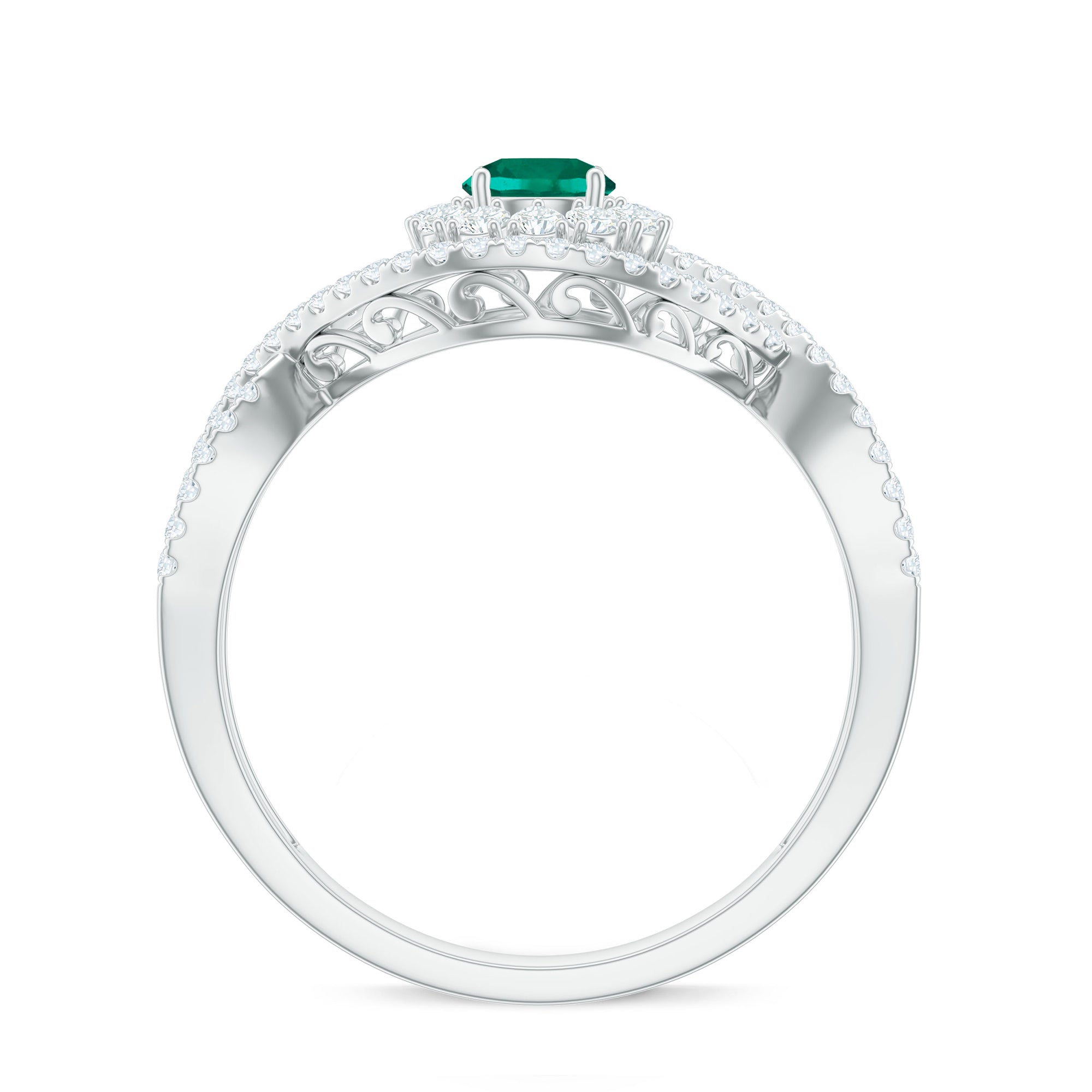 Certified Lab Grown Emerald Diamond Halo Engagement Ring with Crossover Shank