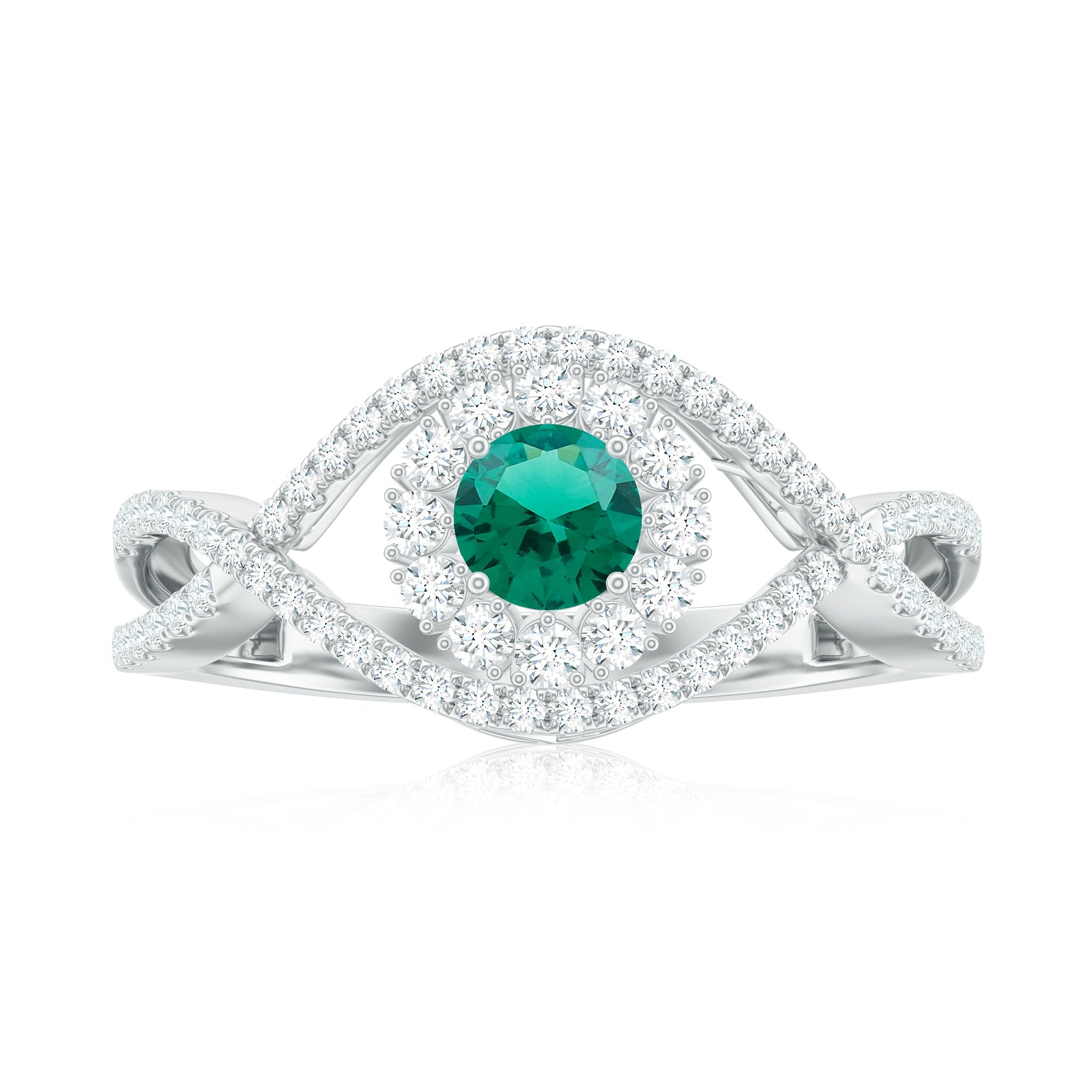 Certified Lab Grown Emerald Diamond Halo Engagement Ring with Crossover Shank