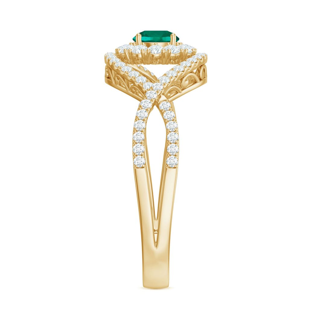 Certified Lab Grown Emerald Diamond Halo Engagement Ring with Crossover Shank