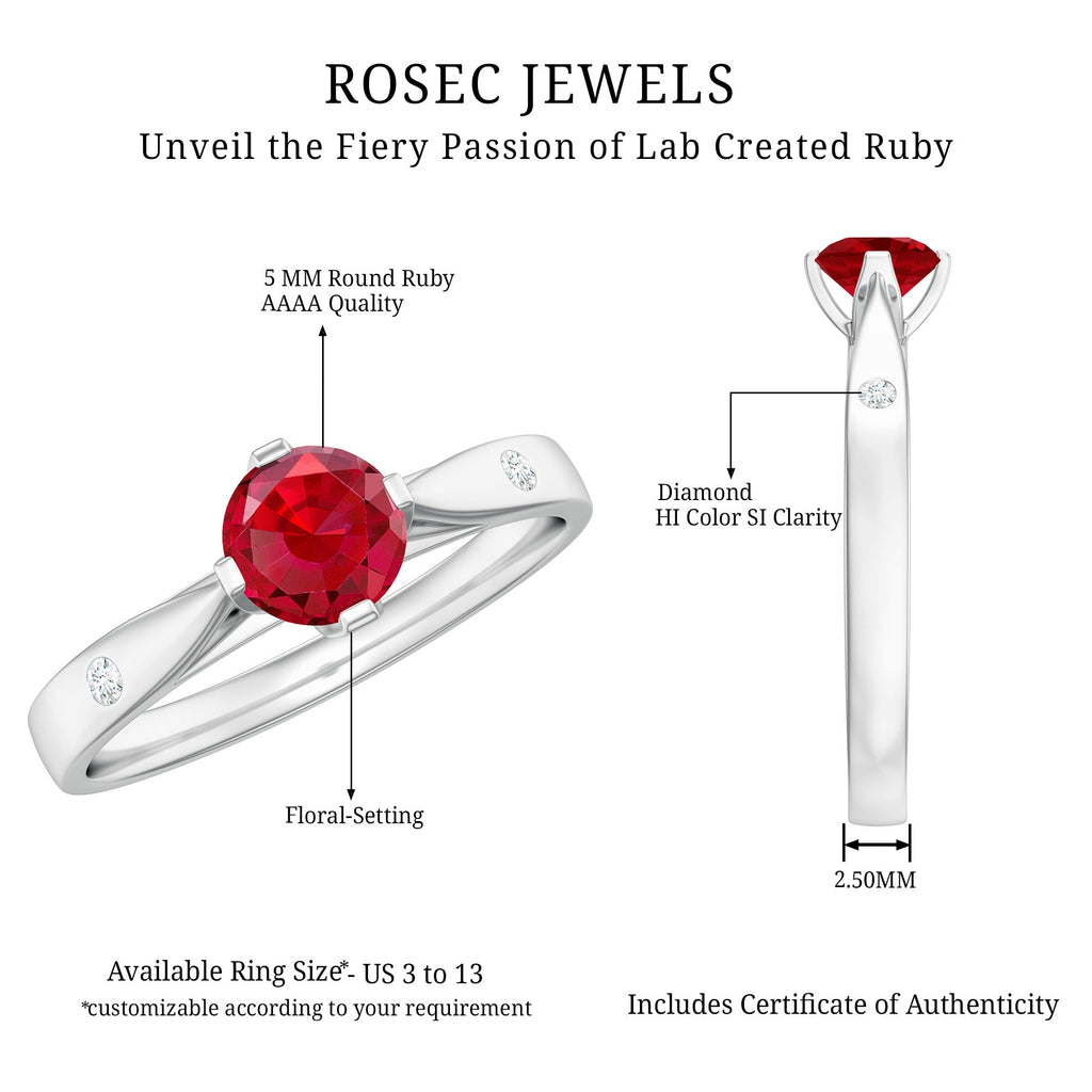 Round Lab Grown Ruby Solitaire Ring with Diamond
