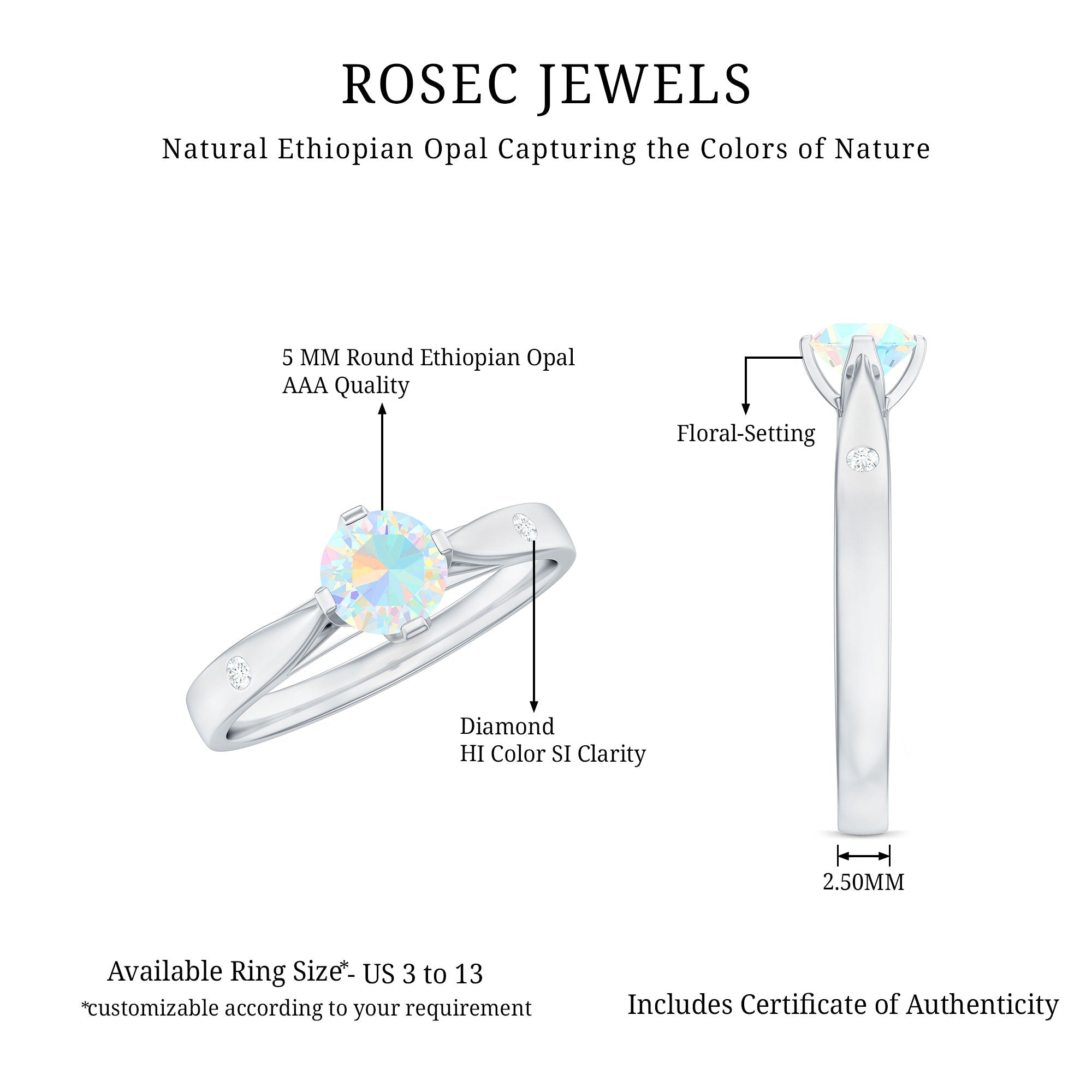 Natural Solitaire Ethiopian Opal Promise Ring with Diamond
