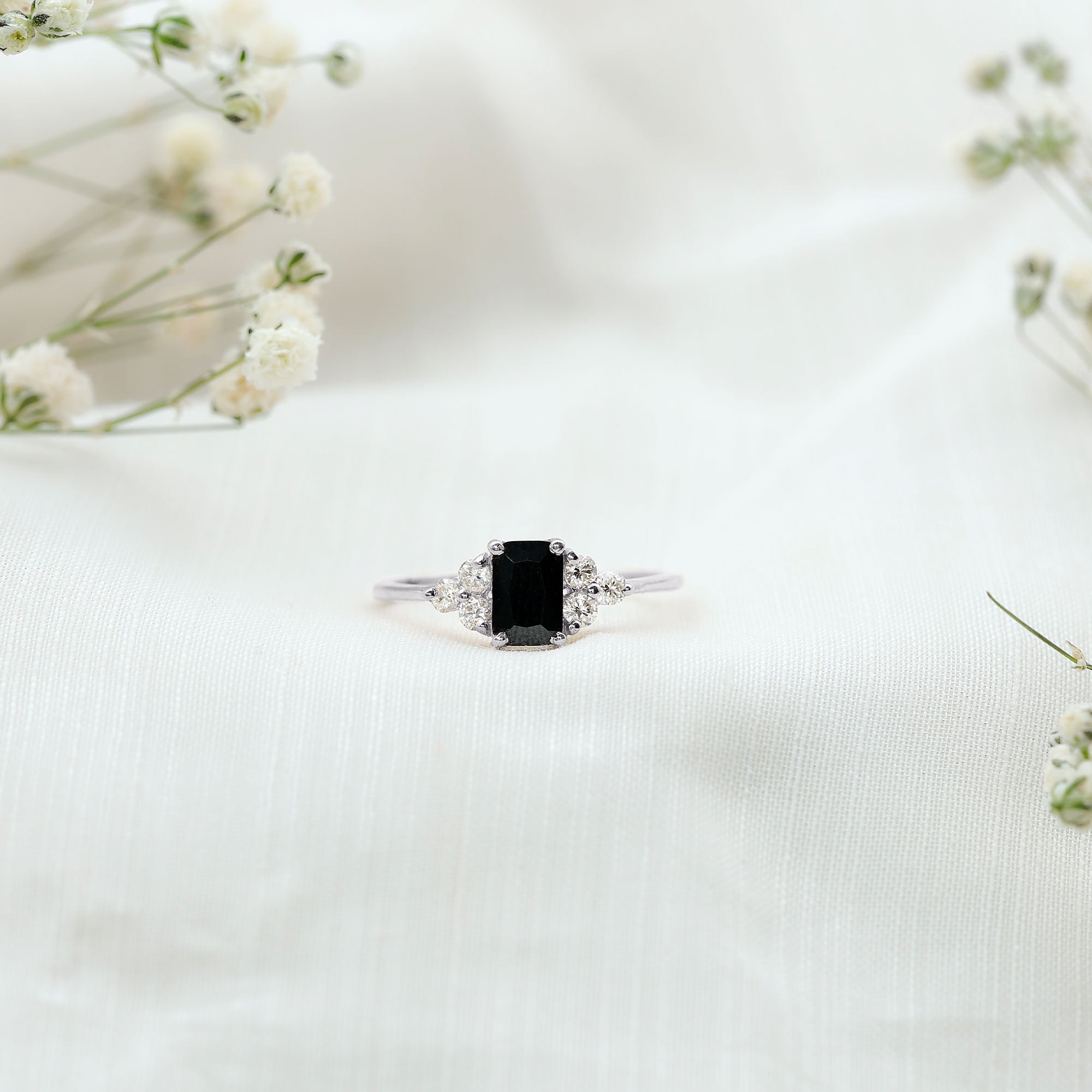 Emerald Cut Created Black Diamond Solitaire Ring with Diamond Trio