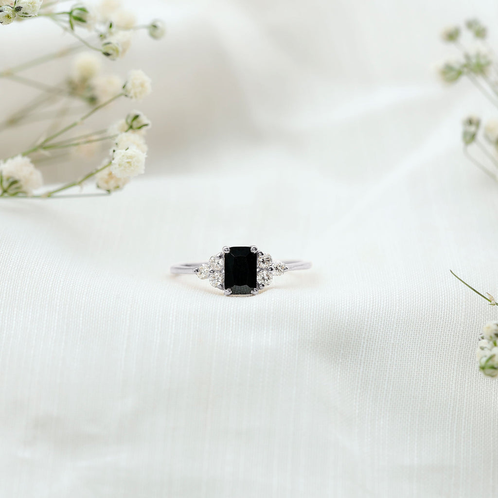 Emerald Cut Created Black Diamond Solitaire Ring with Diamond Trio