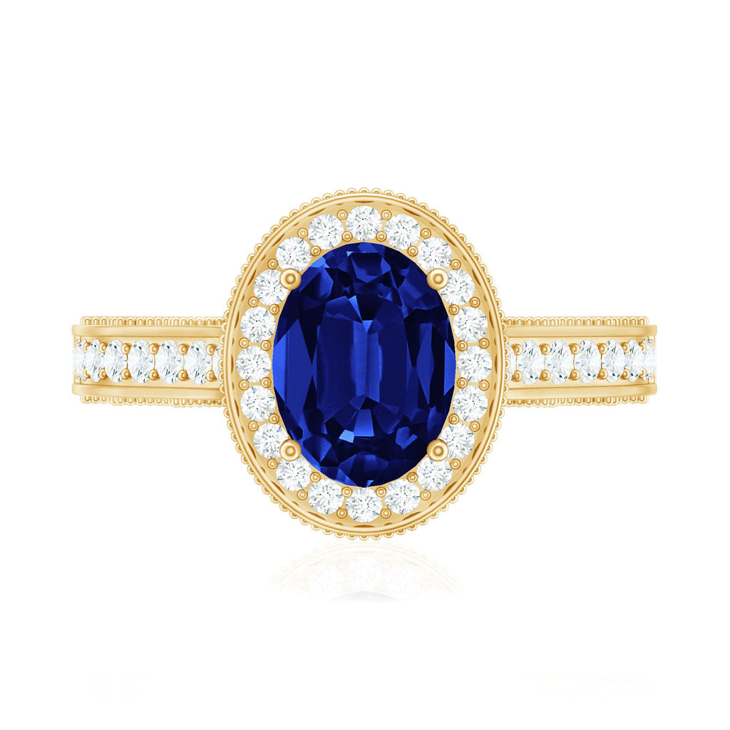Certified 1.5 Carat Lab Grown Blue Sapphire Engagement Ring with Diamond Halo