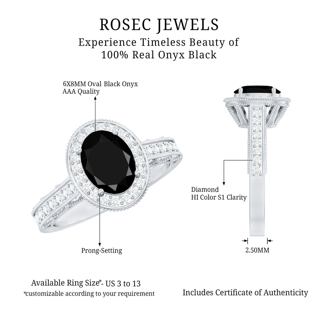 Vintage Inspired Black Onyx Oval Engagement Ring with Diamond Halo