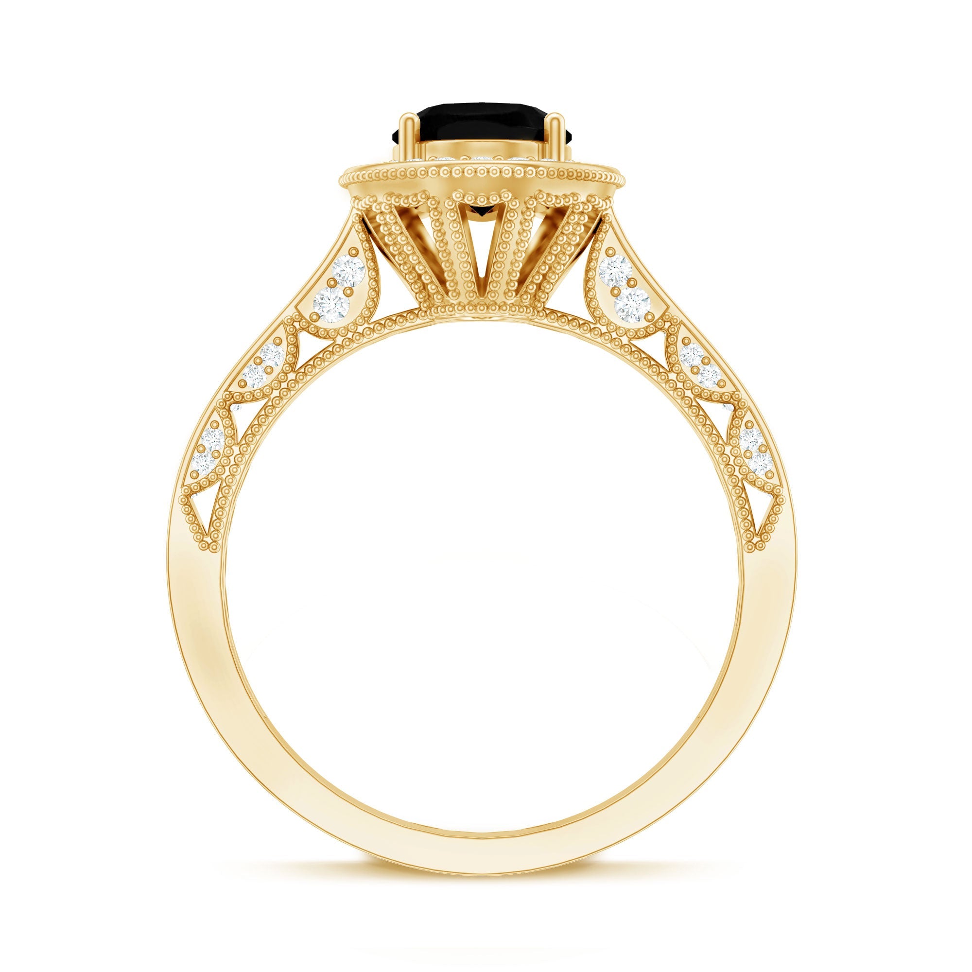 Vintage Inspired Black Onyx Oval Engagement Ring with Diamond Halo