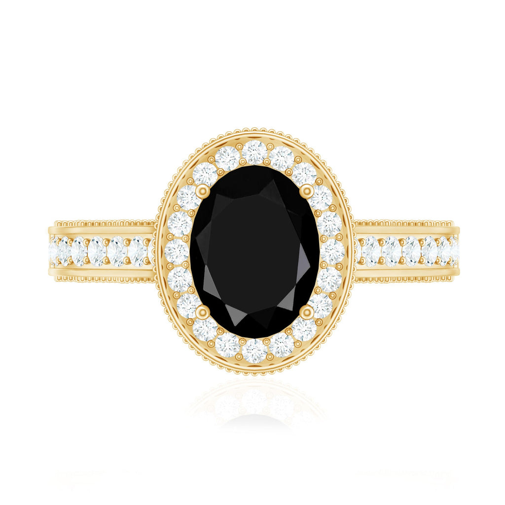 Vintage Inspired Black Onyx Oval Engagement Ring with Diamond Halo
