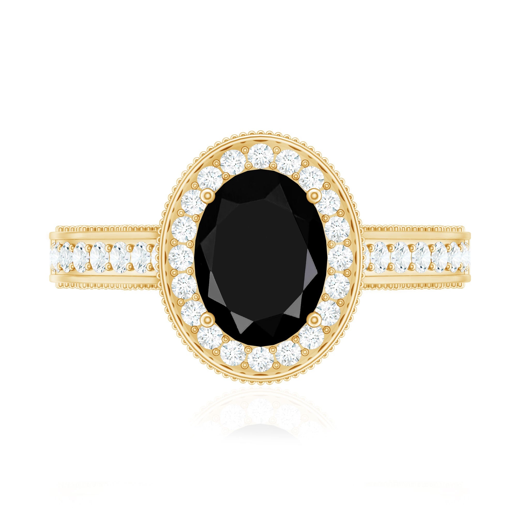 Vintage Inspired Black Onyx Oval Engagement Ring with Diamond Halo