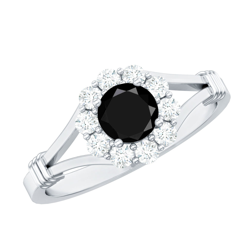 5mm Black Onyx Floral Engagement Ring with Diamond Halo