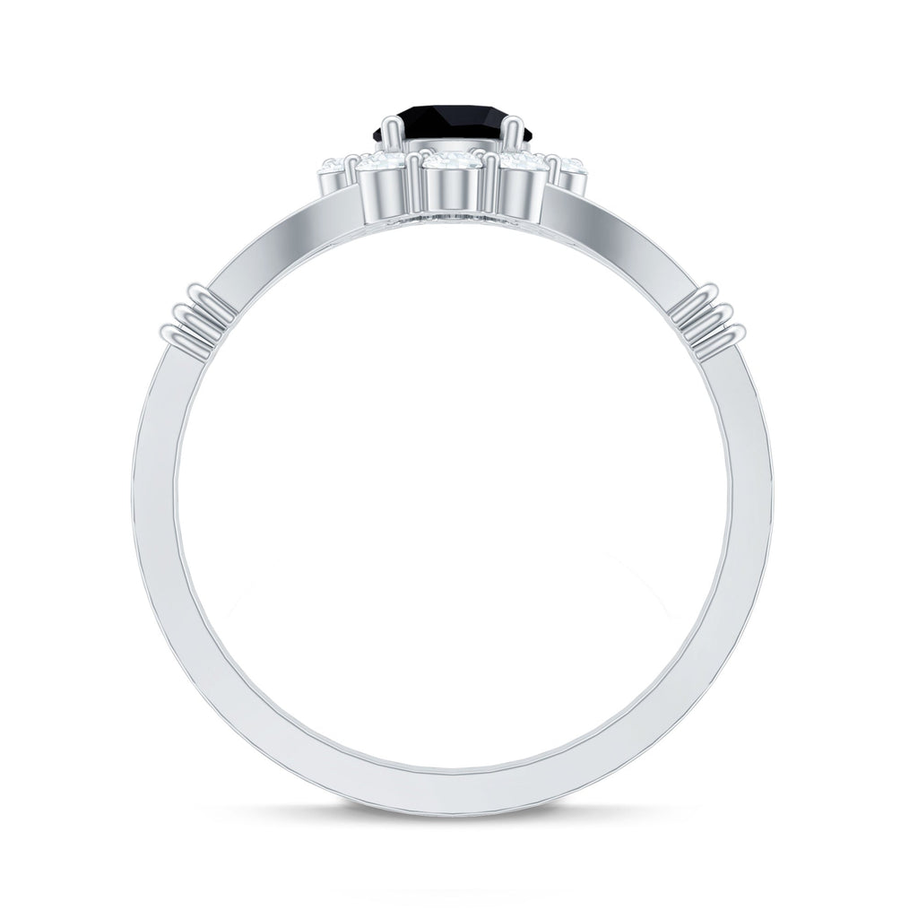 5mm Black Onyx Floral Engagement Ring with Diamond Halo