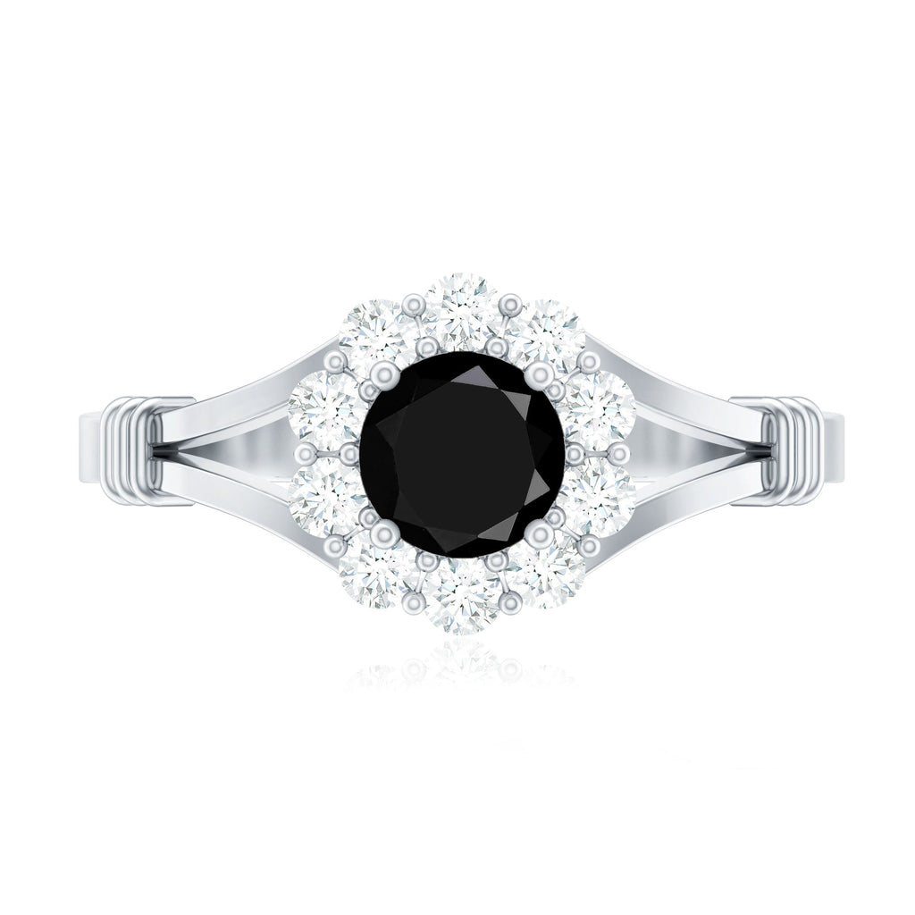 5mm Black Onyx Floral Engagement Ring with Diamond Halo