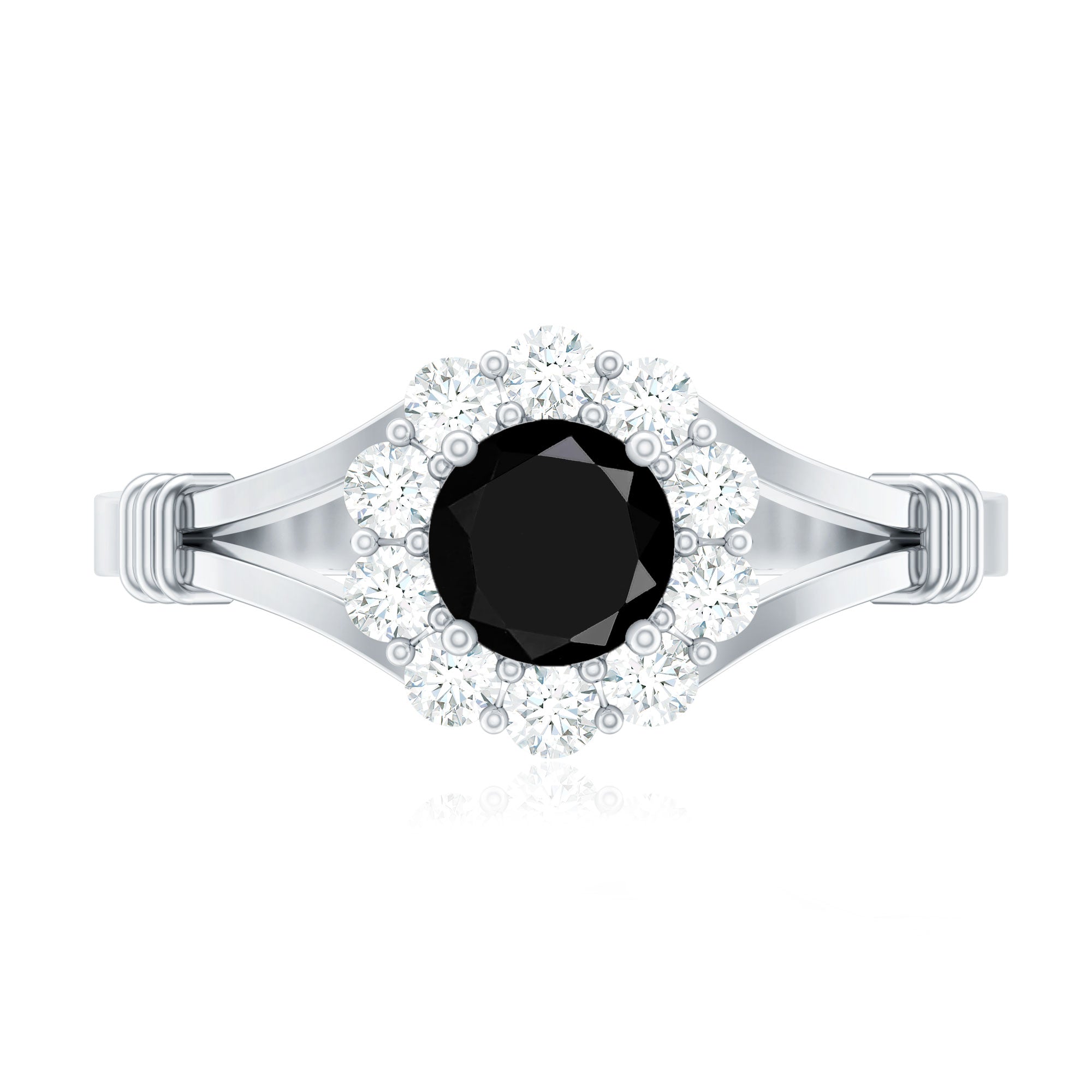 5mm Black Onyx Floral Engagement Ring with Diamond Halo