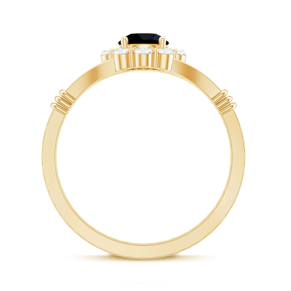 5mm Black Onyx Floral Engagement Ring with Diamond Halo