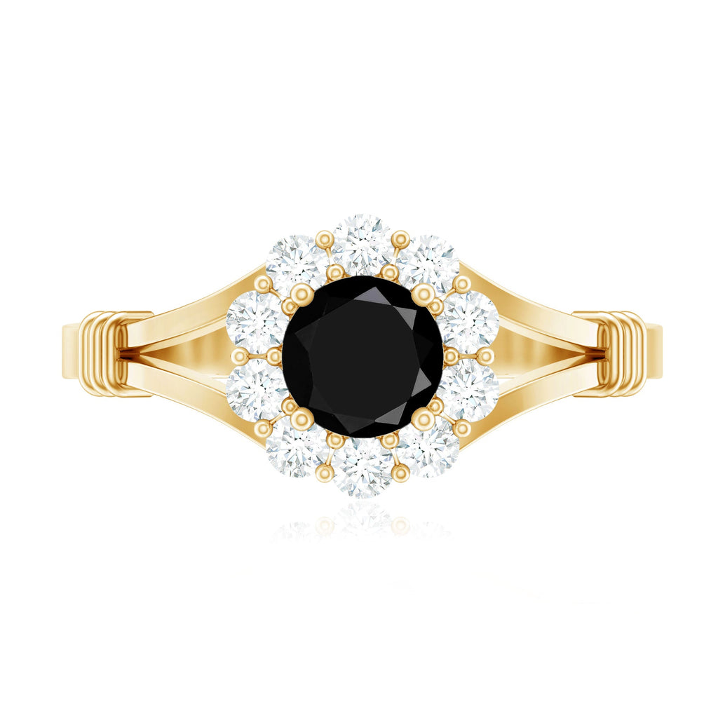 5mm Black Onyx Floral Engagement Ring with Diamond Halo