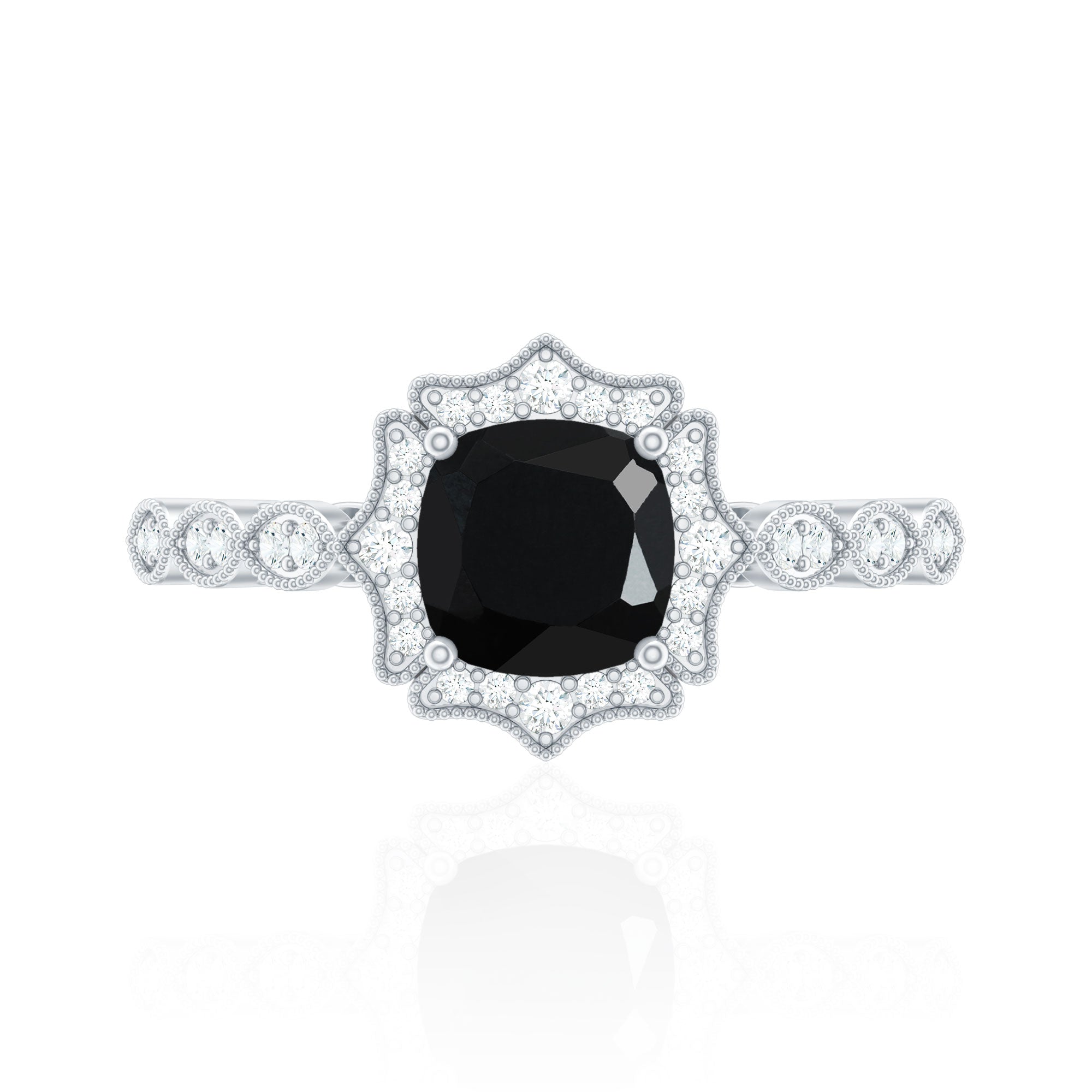 Vintage Inspired Black Onyx and Diamond Halo Engagement Ring
