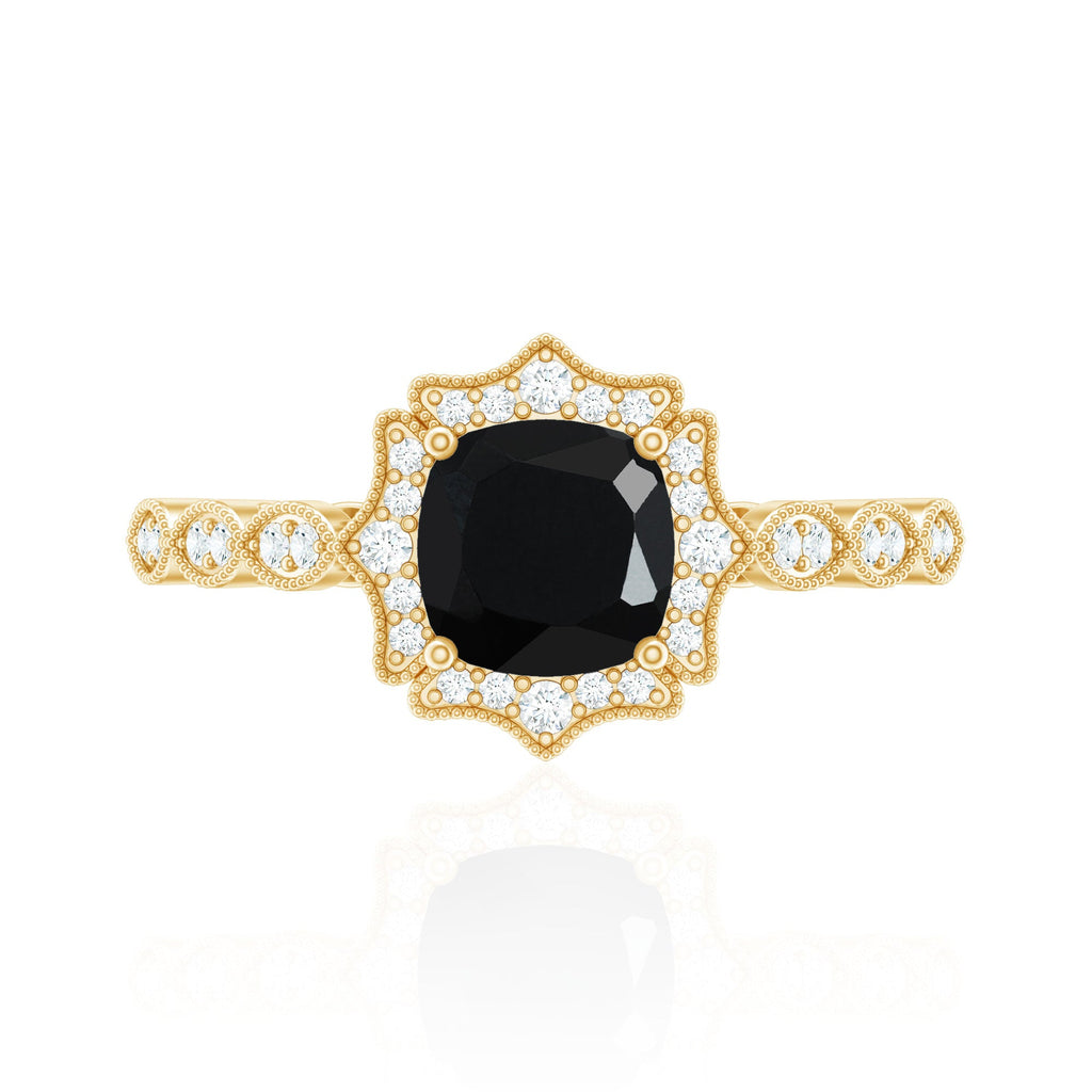 Vintage Inspired Black Onyx and Diamond Halo Engagement Ring