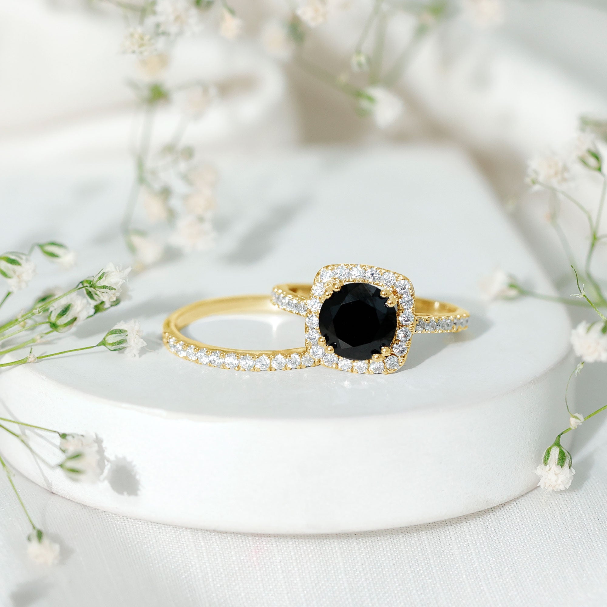 Natural Black Spinel Wedding Bridal Ring Set with Moissanite