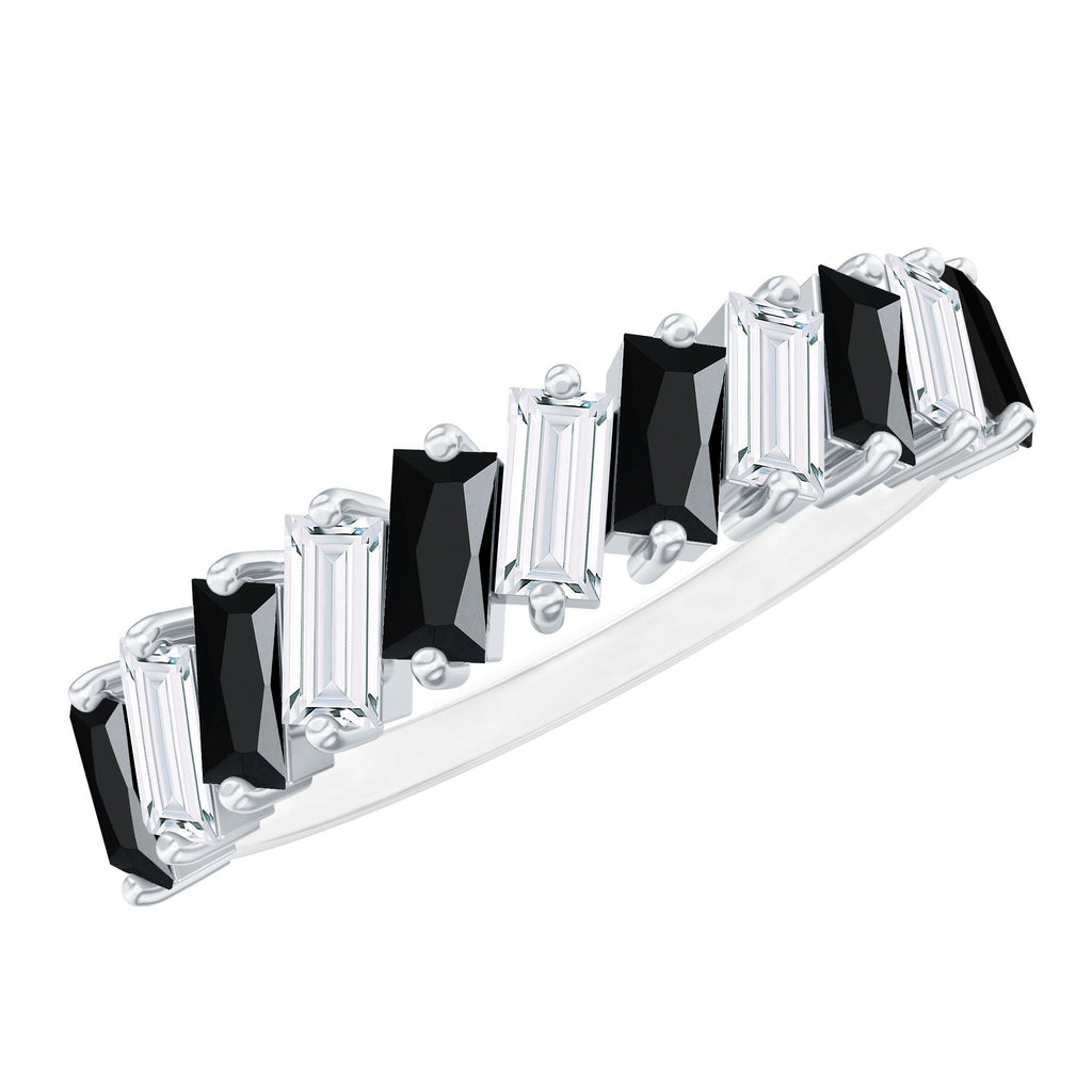 Baguette Cut Black Onyx and Moissanite Tilted Half Eternity Ring
