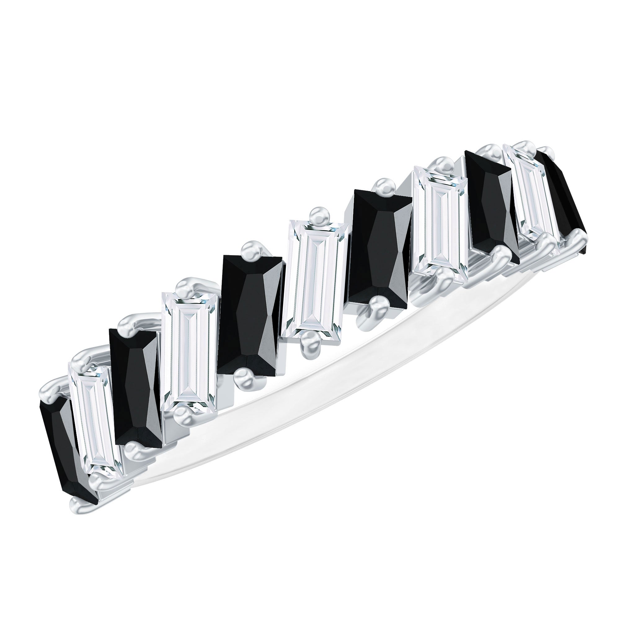 Baguette Cut Black Onyx and Moissanite Tilted Half Eternity Ring