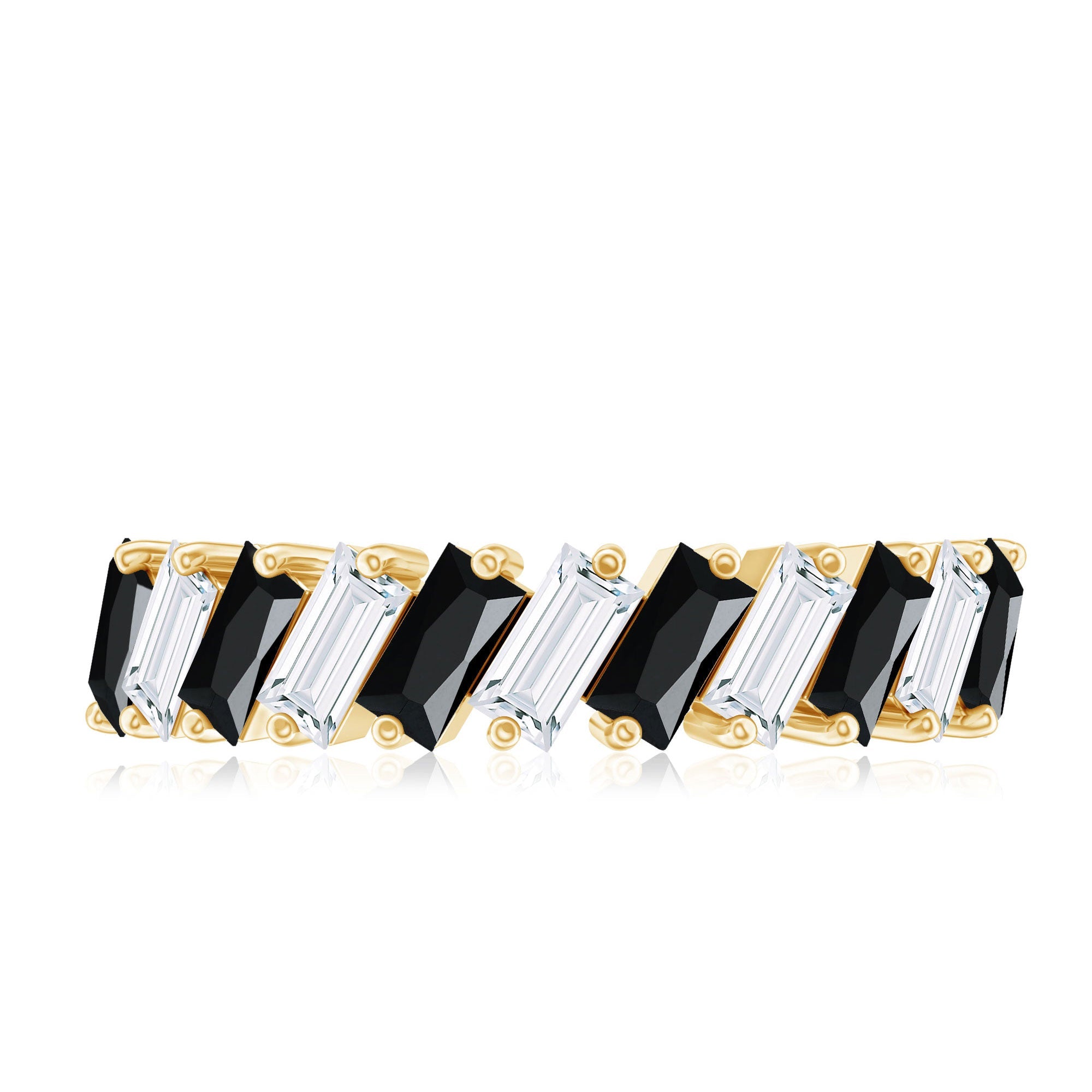 Baguette Cut Black Onyx and Moissanite Tilted Half Eternity Ring