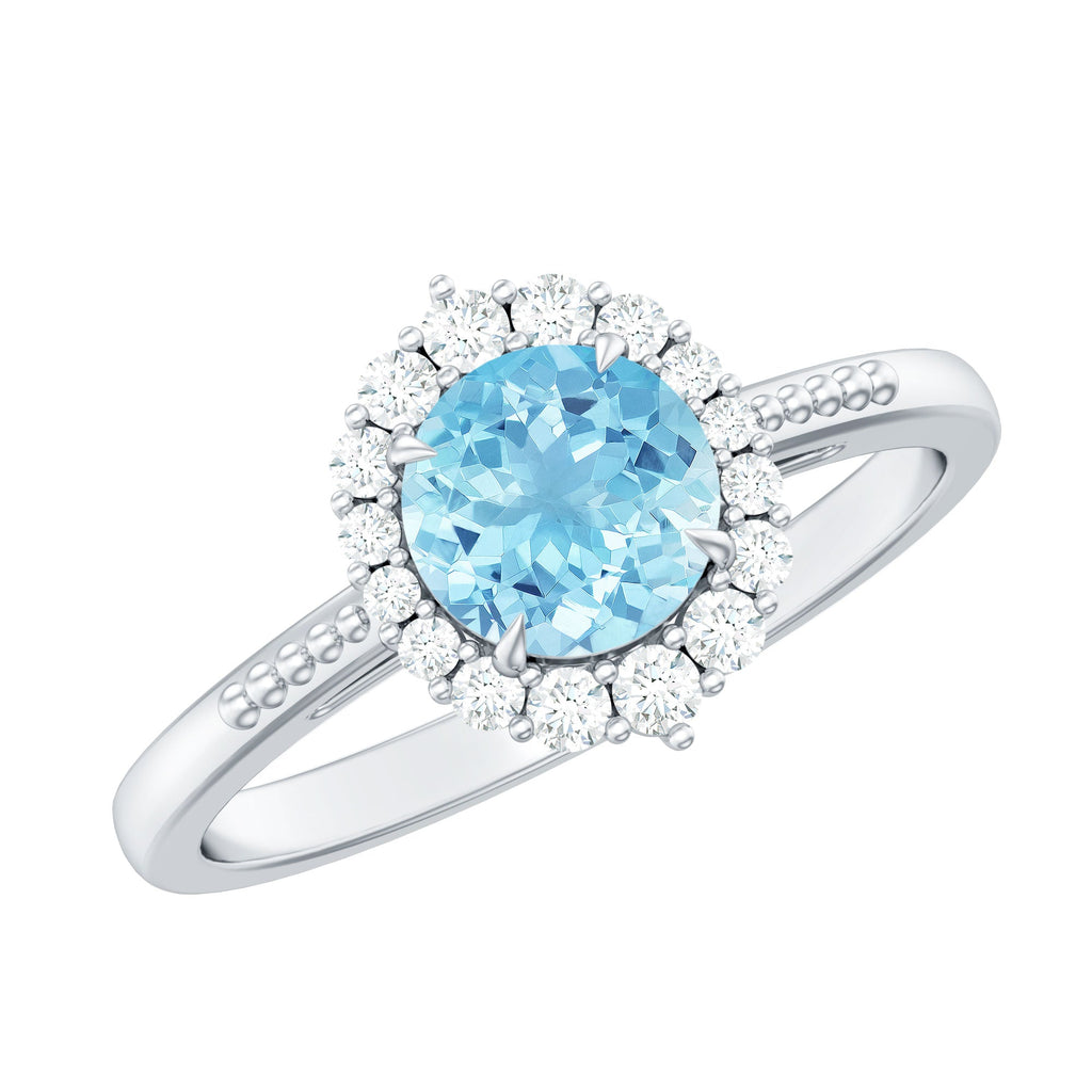 Natural 6MM Aquamarine Halo Engagement Ring with Diamond