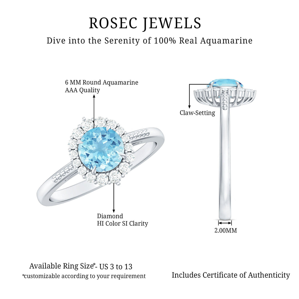 Natural 6MM Aquamarine Halo Engagement Ring with Diamond