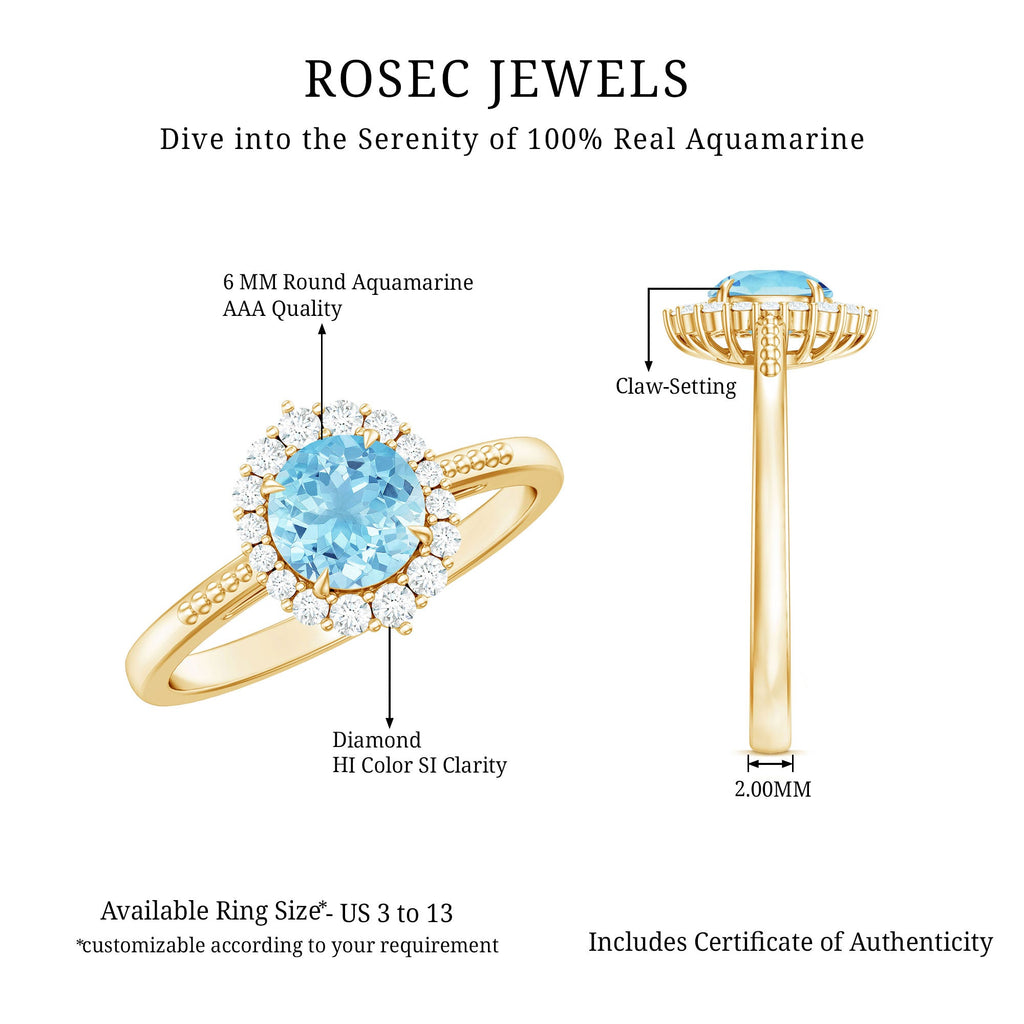 Natural 6MM Aquamarine Halo Engagement Ring with Diamond