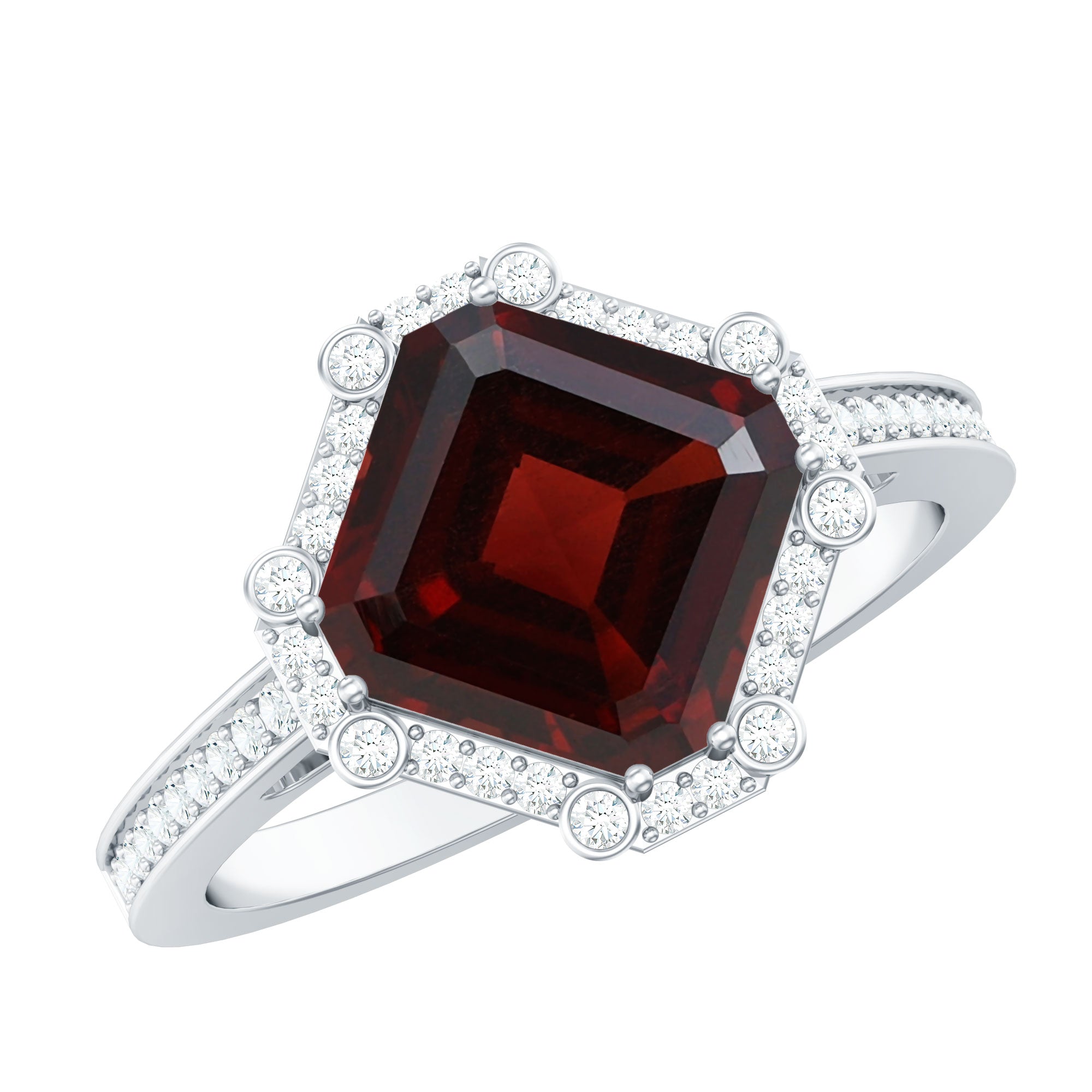 Natural 8mm Asscher Cut Garnet Engagement Ring with Diamond Halo