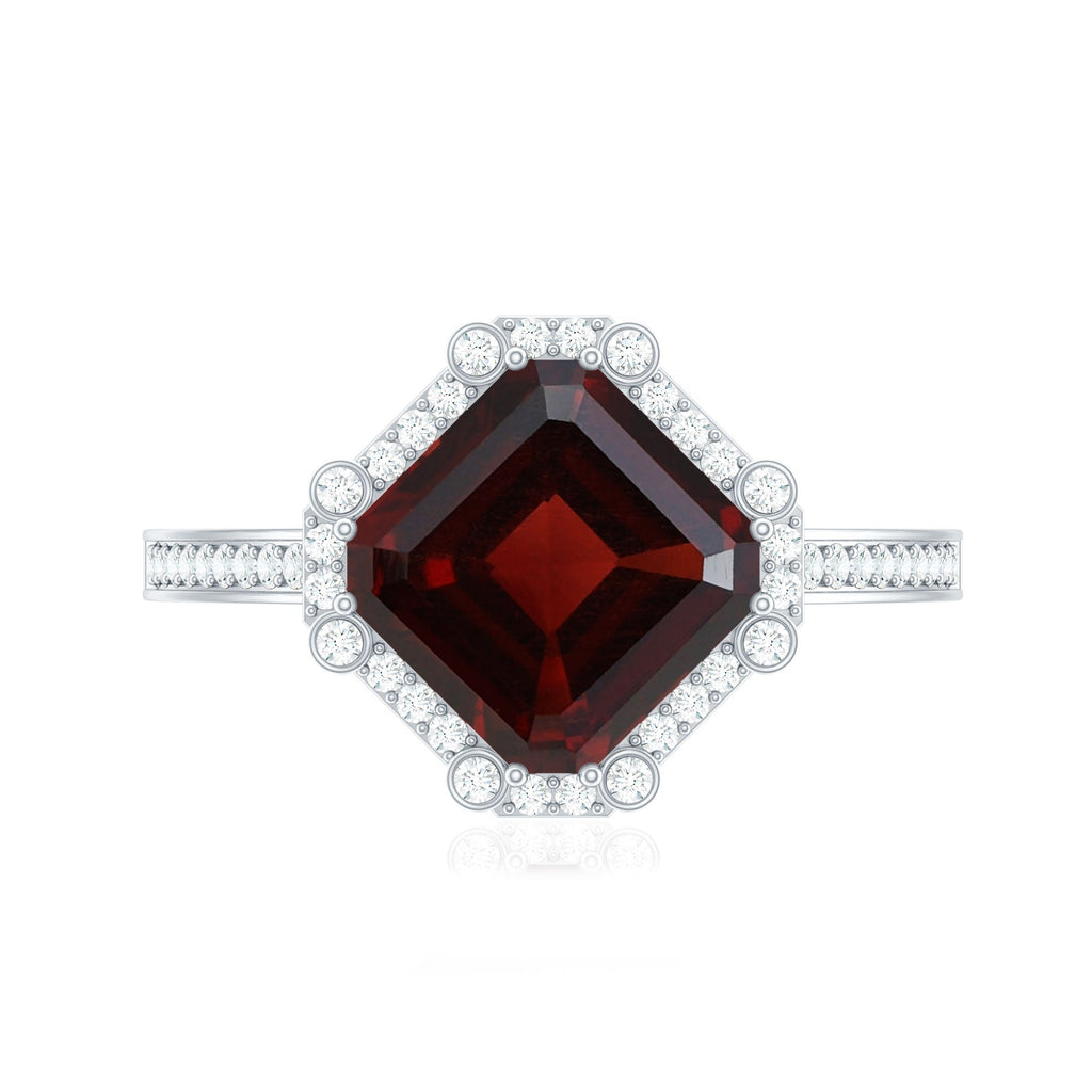 Natural 8mm Asscher Cut Garnet Engagement Ring with Diamond Halo