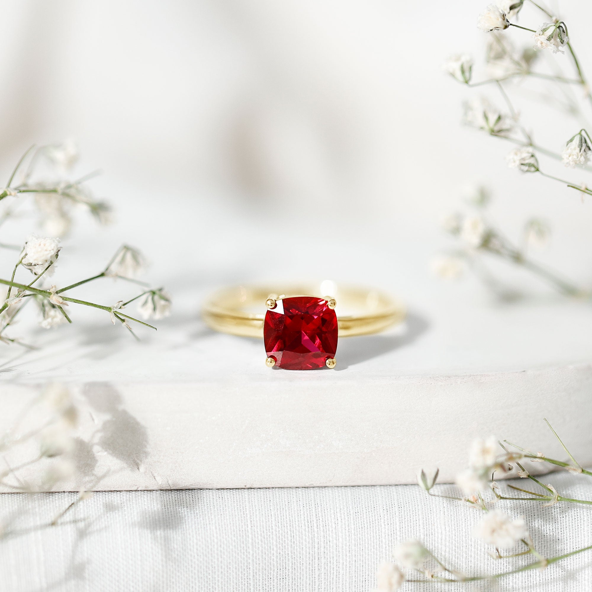 Solitaire 2 Carat Cushion Cut Lab Grown Ruby Engagement Ring