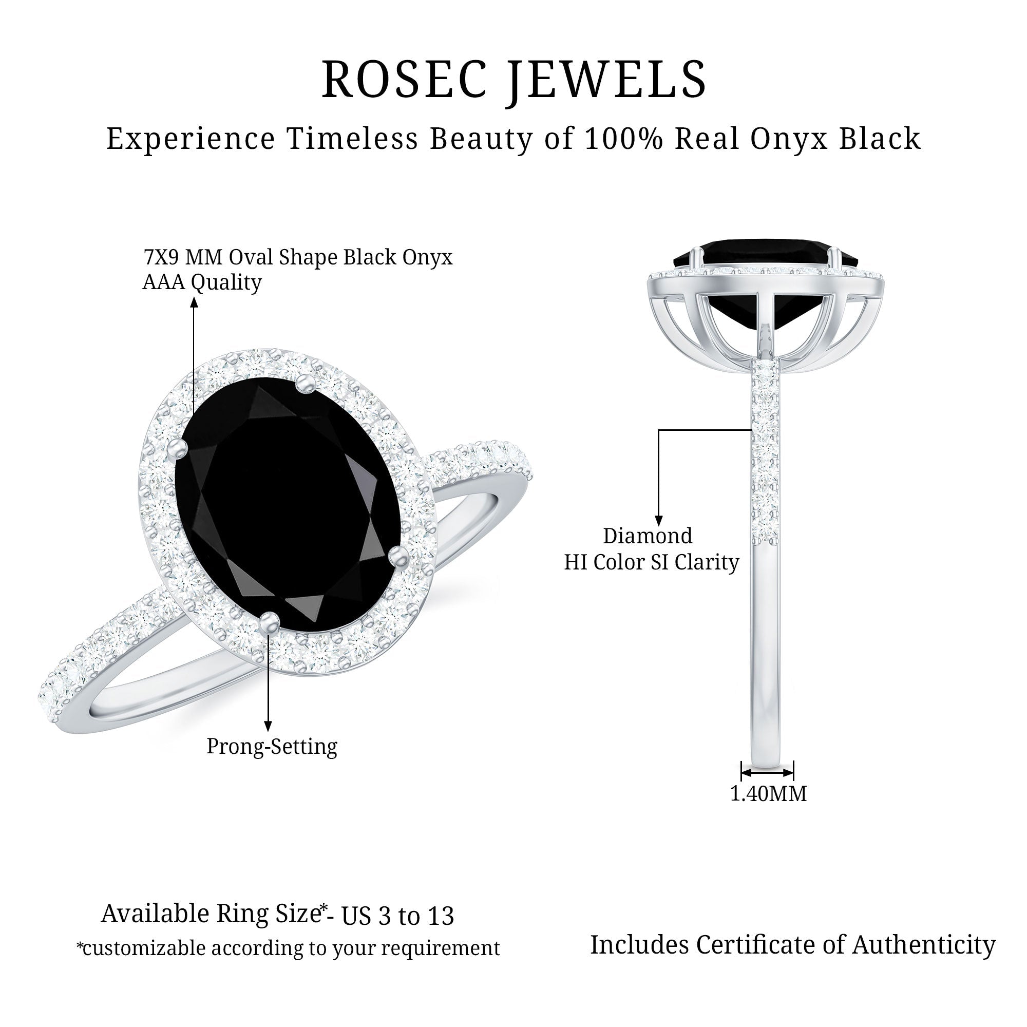 7X9mm Oval Cut Black Onyx Diamond Engagement Ring with Certificate