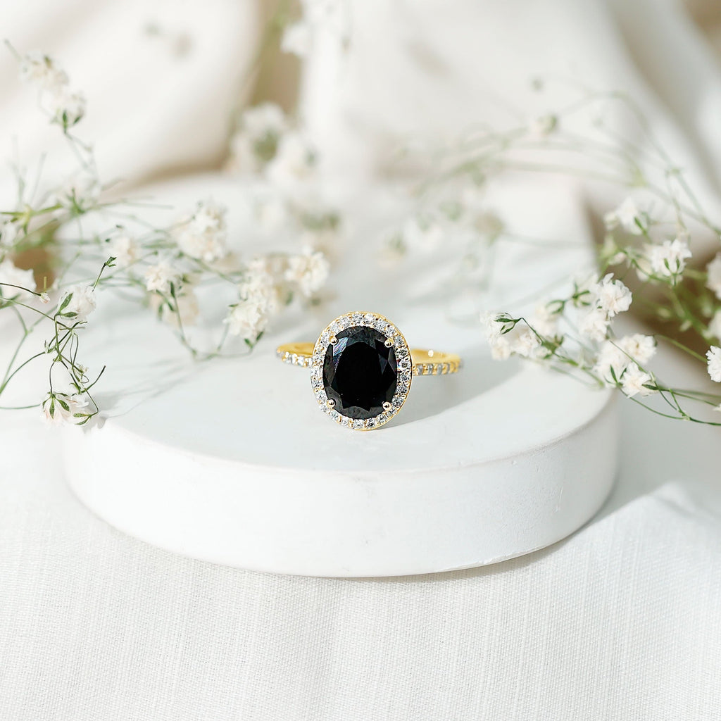 7X9mm Oval Cut Black Onyx Diamond Engagement Ring with Certificate