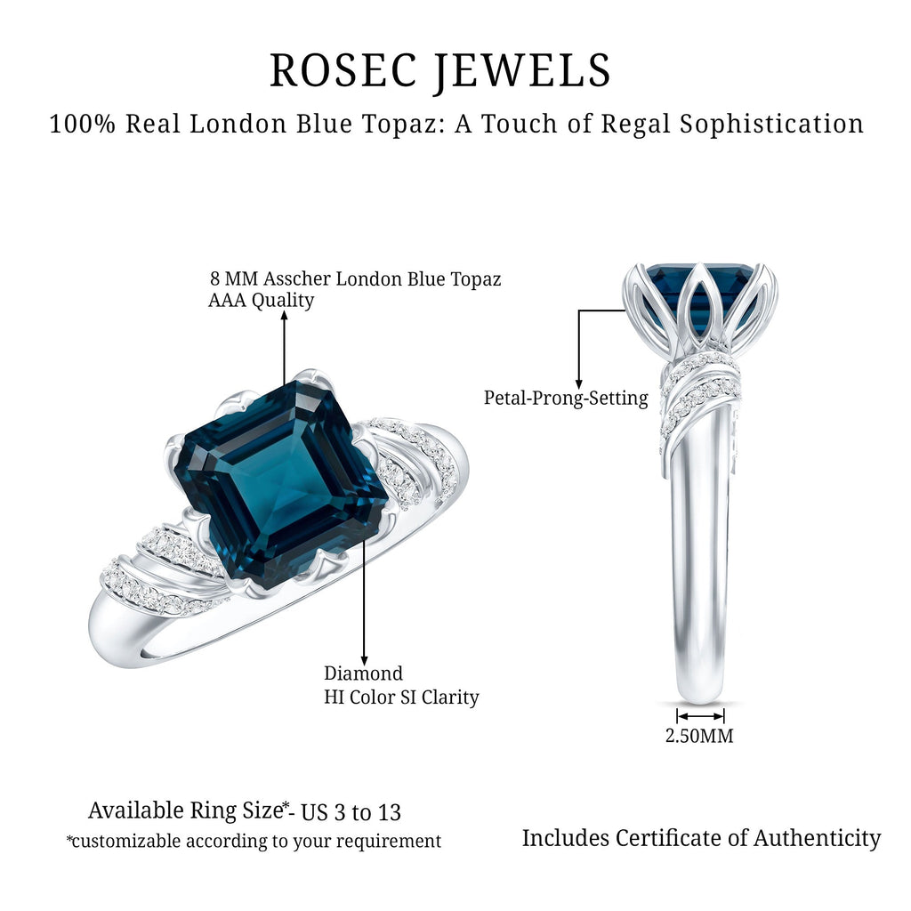 8mm Asscher Cut London Blue Topaz Designer Solitaire Engagement Ring