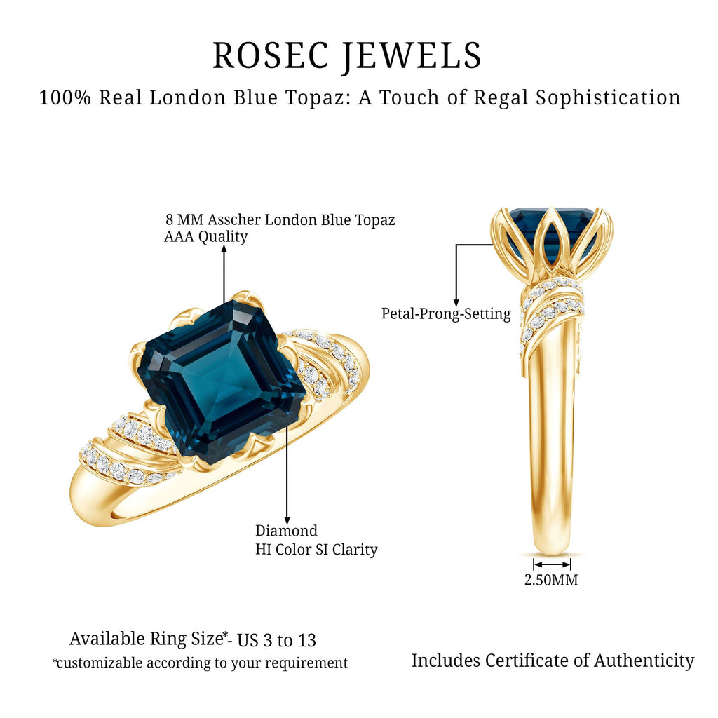 8mm Asscher Cut London Blue Topaz Designer Solitaire Engagement Ring