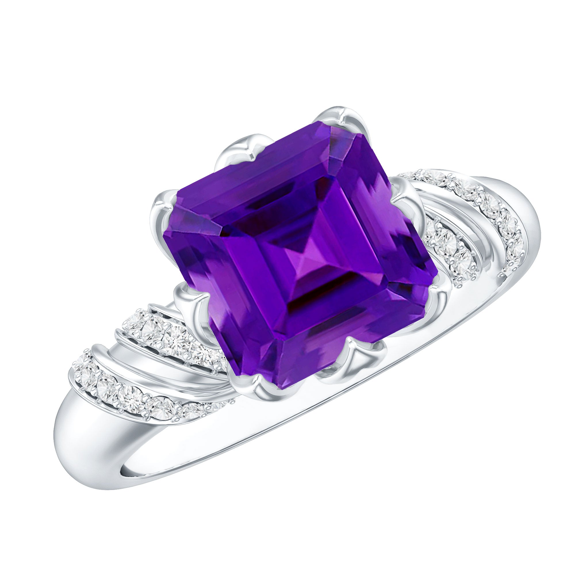 Vintage Looking 3 Carat Amethyst Asscher Cut Engagement Ring with Diamond