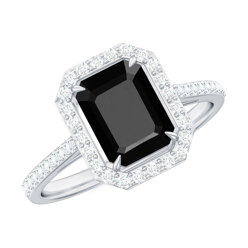 1.6 Carat Lab Grown Black and White Diamond Emerald Cut Engagement Ring with Halo