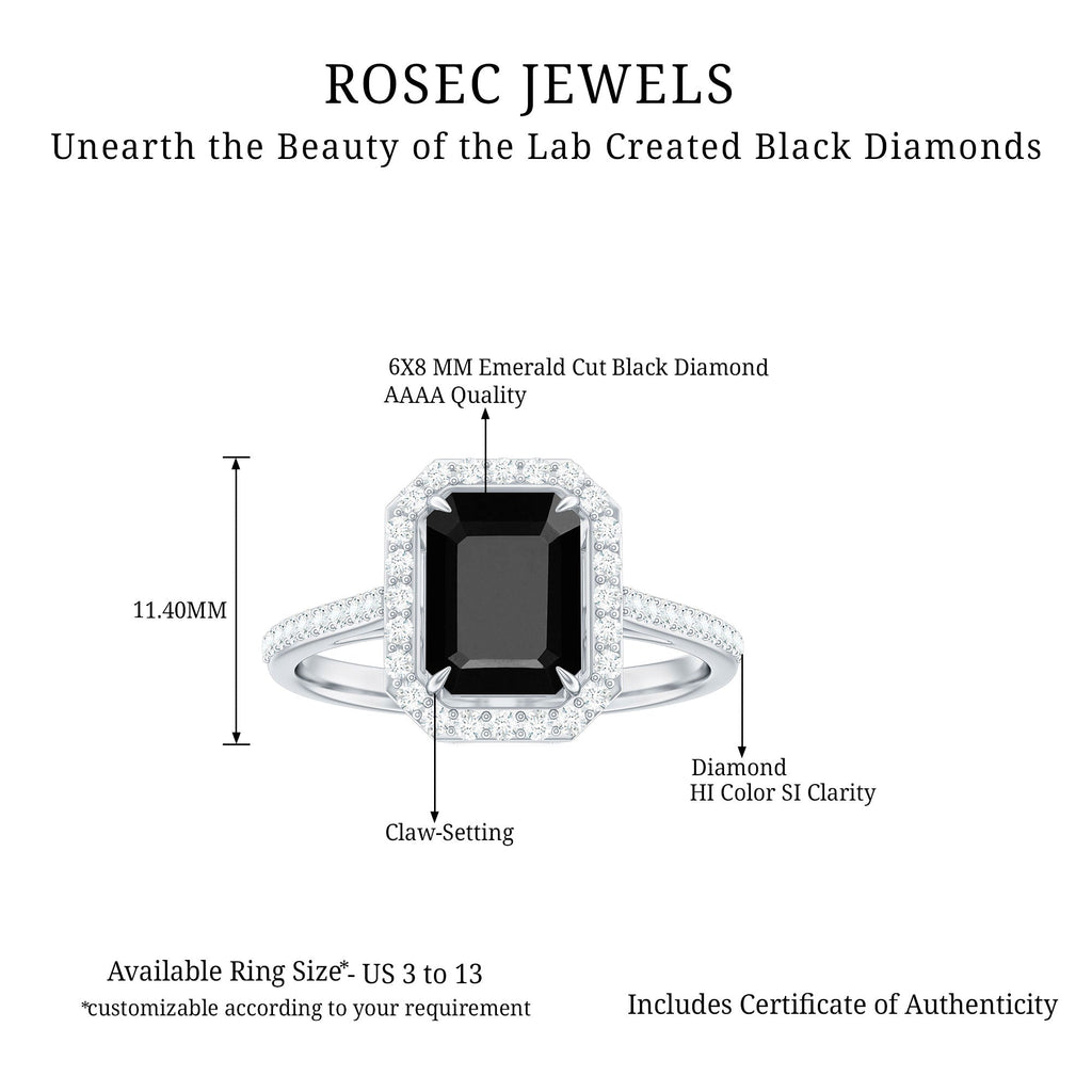 1.6 Carat Lab Grown Black and White Diamond Emerald Cut Engagement Ring with Halo