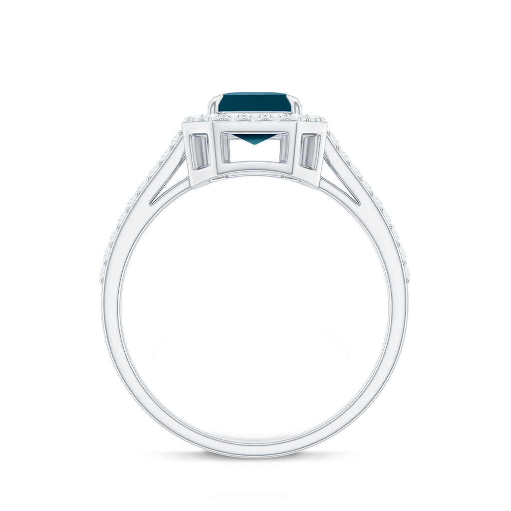 Emerald Cut London Blue Topaz Engagement Ring with Diamond Halo