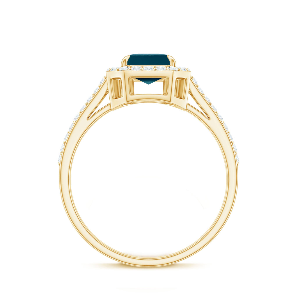 Emerald Cut London Blue Topaz Engagement Ring with Diamond Halo