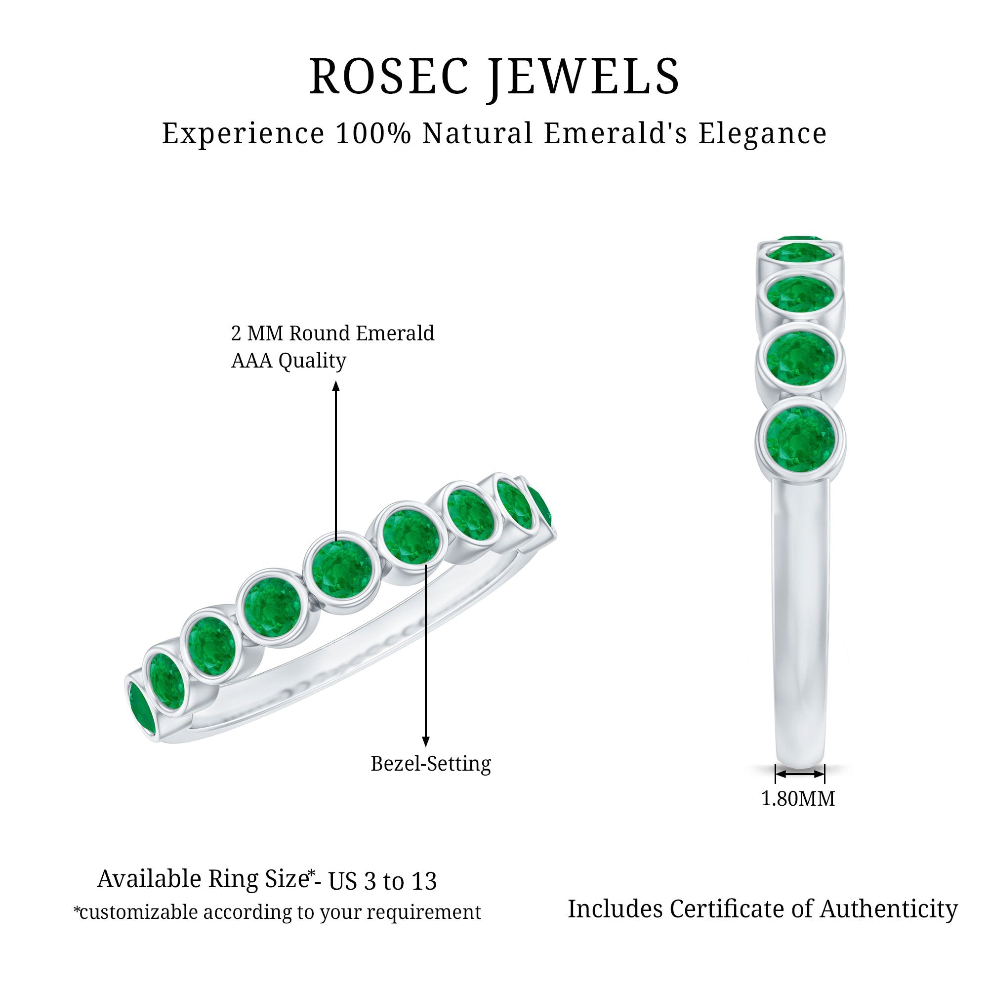 Natural Emerald Half Eternity Ring in Bezel Set