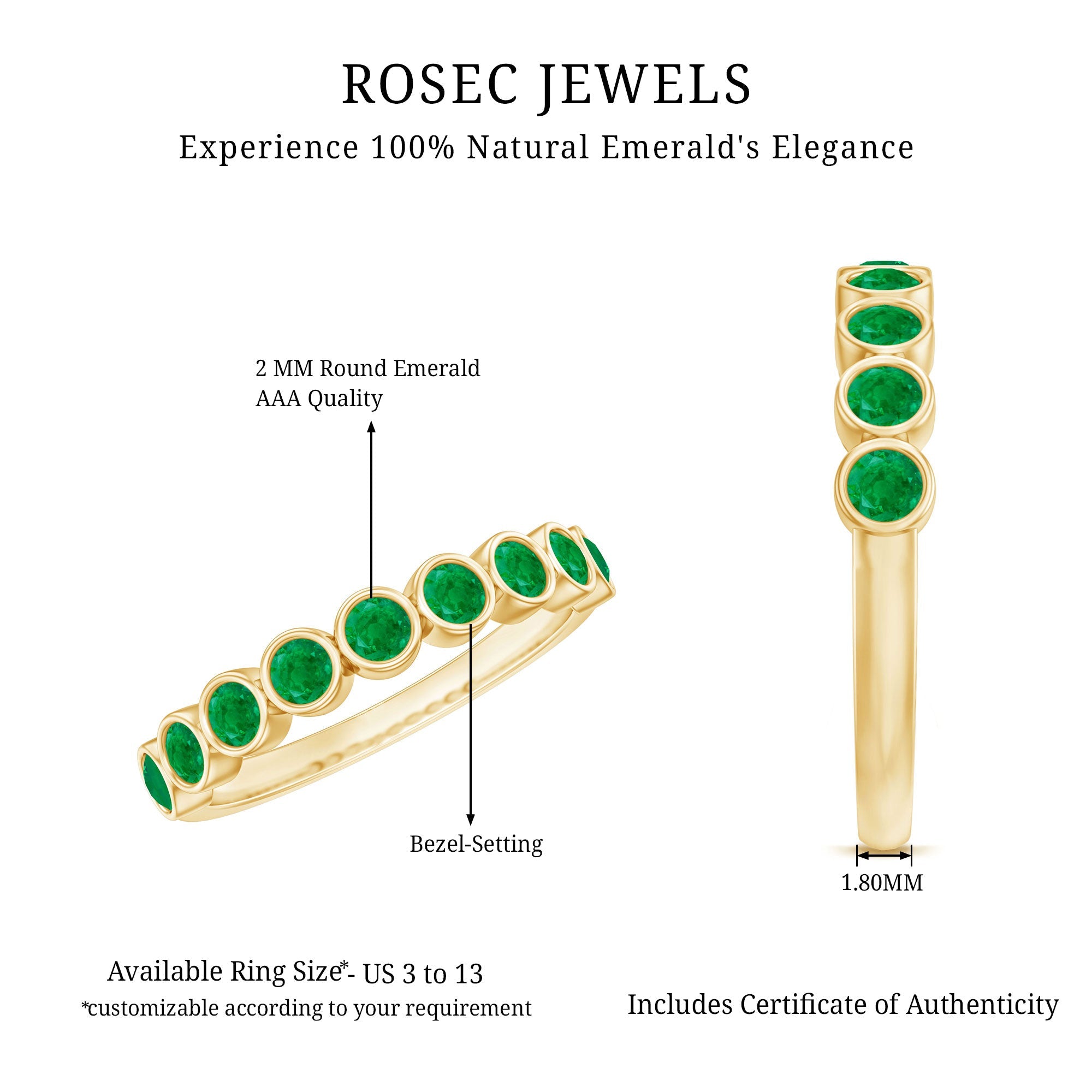 Natural Emerald Half Eternity Ring in Bezel Set