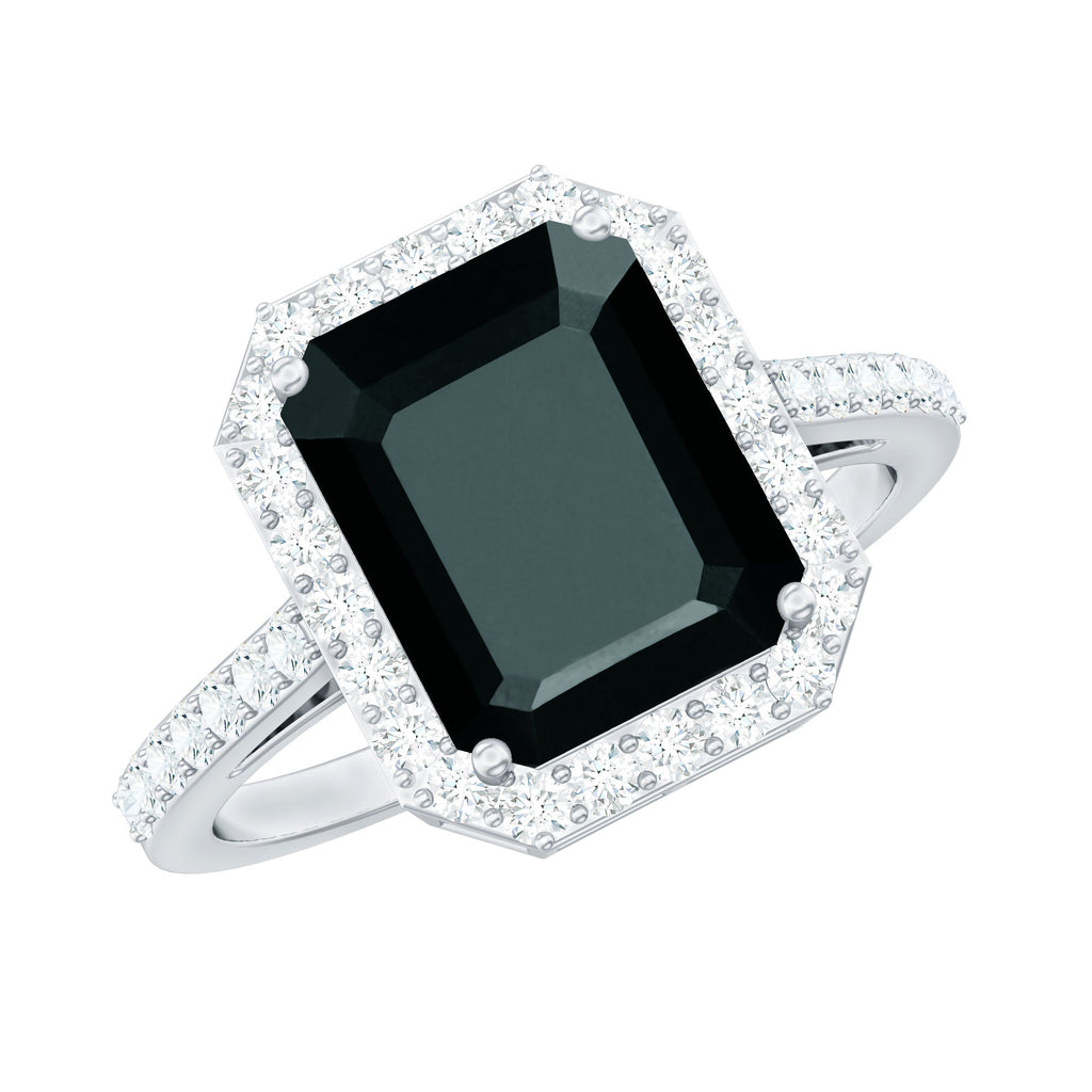 3.4 Carat Lab Grown Black Diamond Emerald Cut Engagement Ring with White Diamond Halo